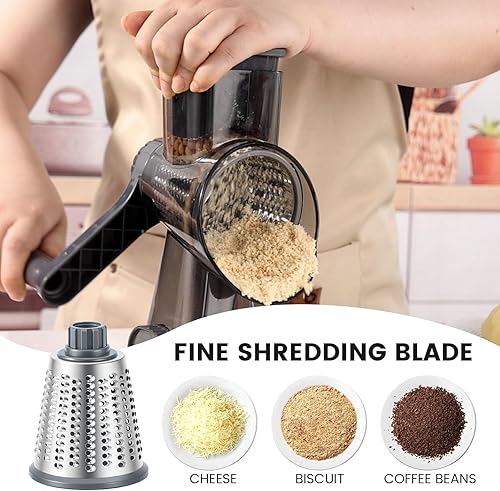 Miniatura 2 de HANSGO Rallador giratorio de queso, manivela de mano, trituradora, 3 cuchillas de metal de gran diámetro y cepillo de limpieza, base de succión