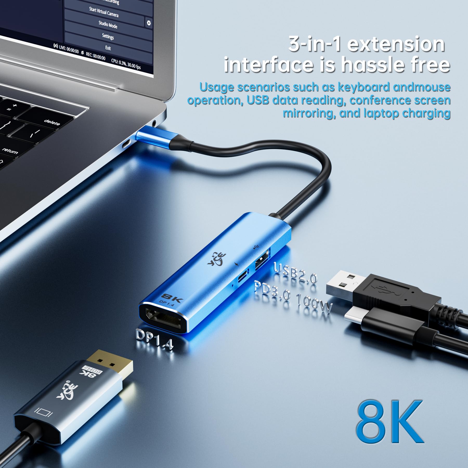 YCE Adaptateur USB C vers Displayport 1.4 (8K @ 60Hz/4K @ 240Hz) 3 en 1 avec PD 100 W & USB2.0 Thunderbolt 3/4 vers DP1.4 Compatible avec MacBook, iPad, iPhone 15, Surface, Android, ordinateur