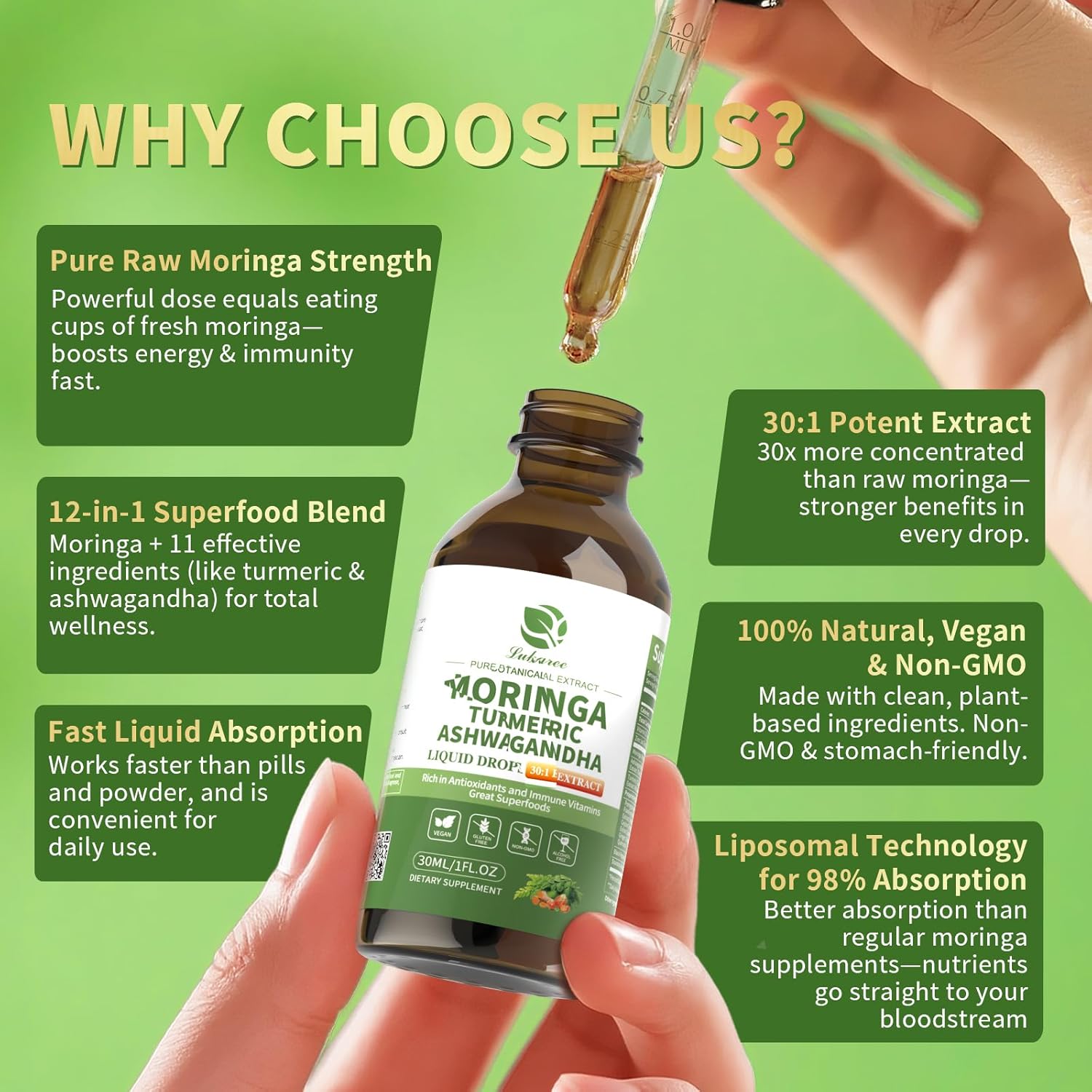Lukaree 12-in-1 Lipsomal Moringa Leaf Drops with Ashwagandha Turmeric Quercetin, 98% Absorption & 30:1 Pure Moringa Extract for Energy Immune Joint Digestive Support, Vegan Non-GMO Gluten-Free