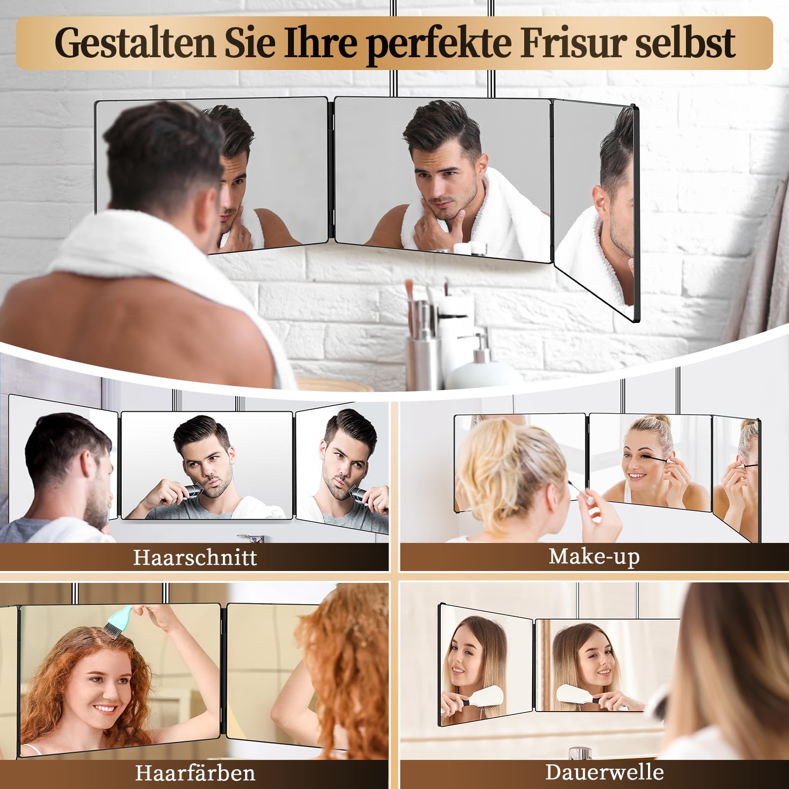 JUSRON Miroir Pliable à 360 degrés avec licth - Miroir cosmétique à Couper soi-même - Hauteur réglable avec Crochet -Noir Mat