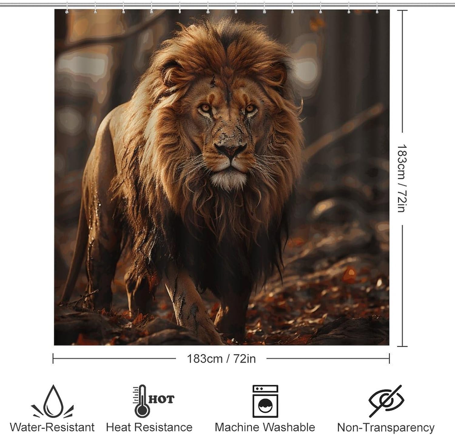 Lion Image Shower Curtain Set 4 Piece, Non-Slip Bath Mat with Toilet Lid Cover and Waterproof Shower Curtain with 12 Hooks, Complete Bathroom Set for Home Decor
