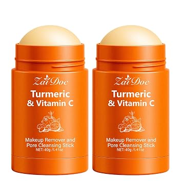 2 Packs Pore Cleansing Makeup Remover Stick, Turmeric & Vitamin C Formula for Sensitive Skin, Gentle Make Up Melting Cleanser & Waterproof Mascara Remover, Travel-Friendly, 1.41 Oz*2