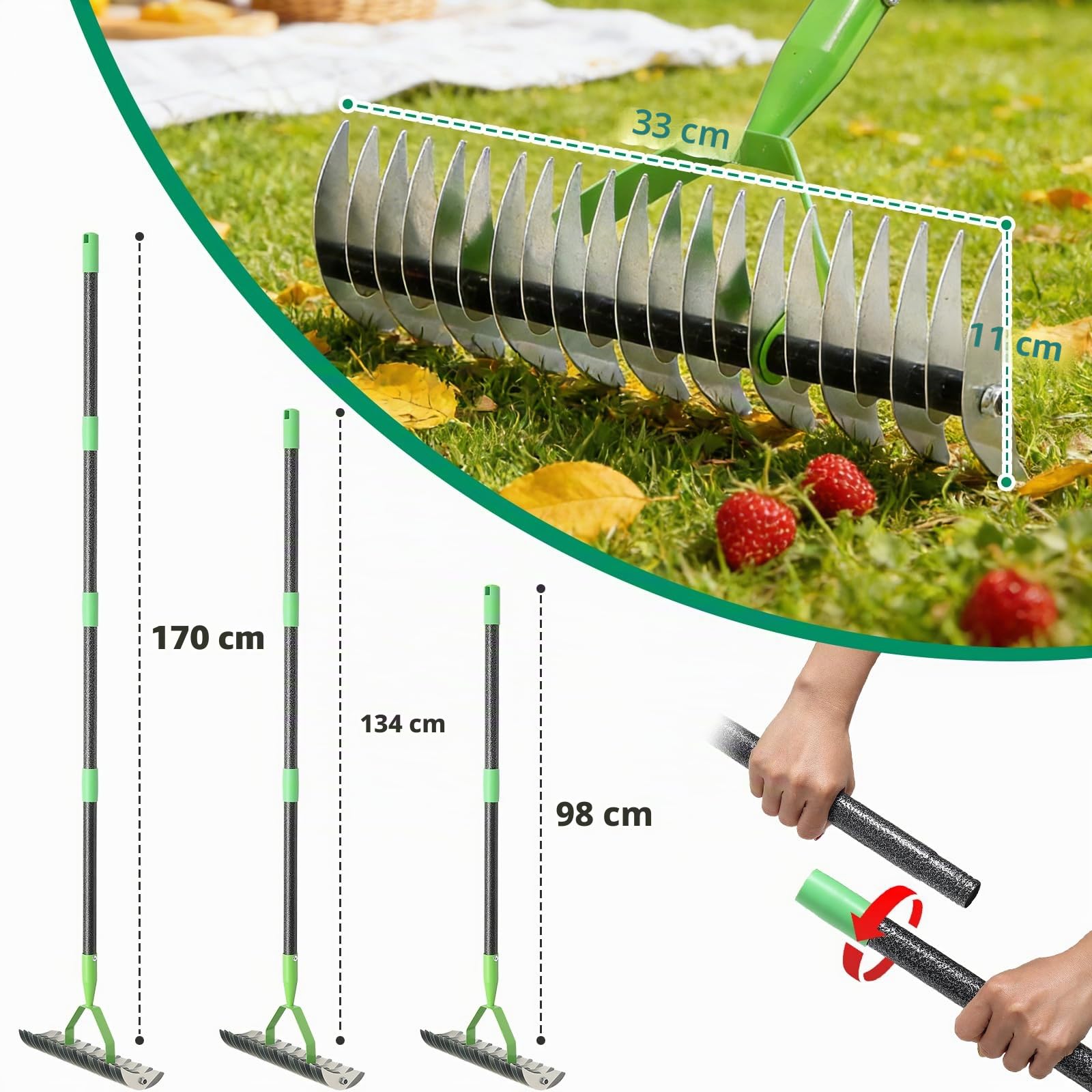 Râteau à chaume, râteau à Gazon 170 cm pour Le Nettoyage du Jardin, 21 Dents, Largeur 33 cm, râteaux en Acier métallique, Outils de Jardinage pour l'aménagement paysager
