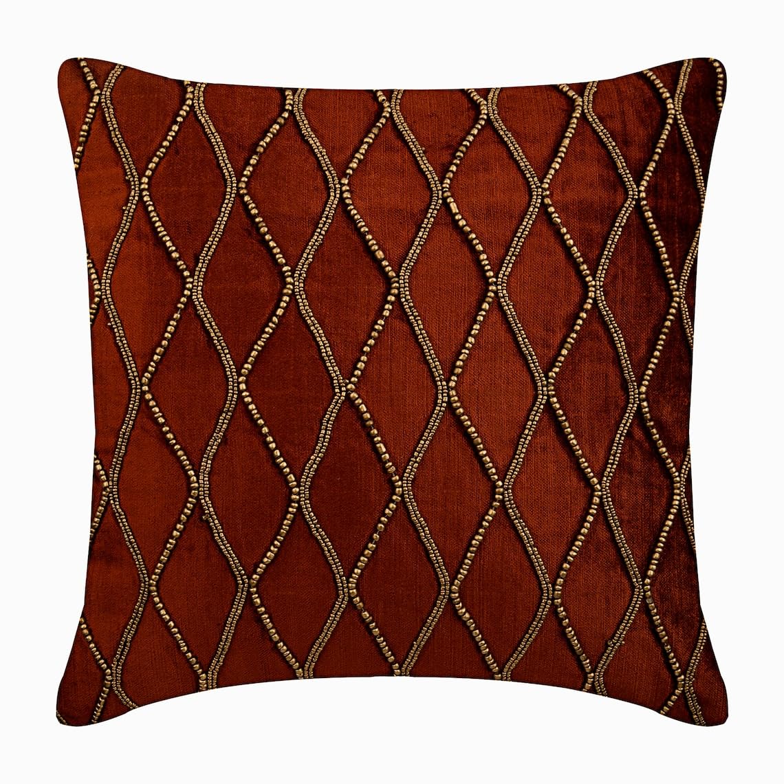 The HomeCentric Rust Decorative Cushion Covers Accent Couch Toss Sofa Cushion Case 40x40 Rust Velvet Cushion Cover Gold Bead Embroidered, Orange Cushion Covers 40x40 cm (16x16 inch) - Sumac Gold โ image 1