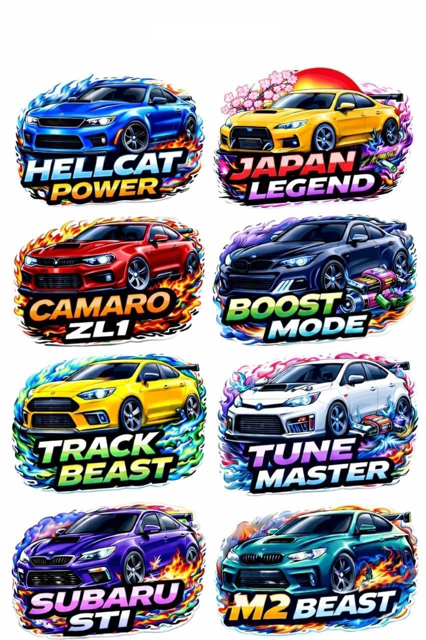 UV DTF Transfer Stickers, Car Theme Waterproof Decals, 2.5x2.5 Inch, for Mugs, Water Bottles, Laptops, Pack of 8