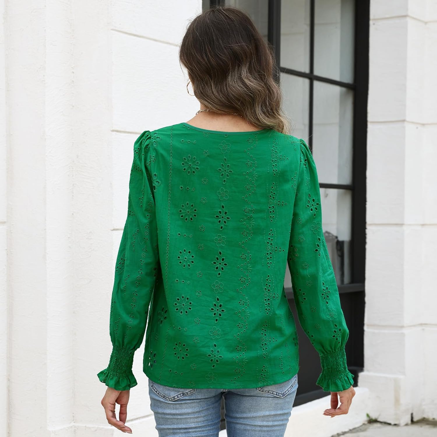 Women's Blouses Long Sleeve Embroidered Eyelet Tops with Lining Dressy Sheer O Neck Cotton Shirts Elegant Blouses 2025 - Image 6