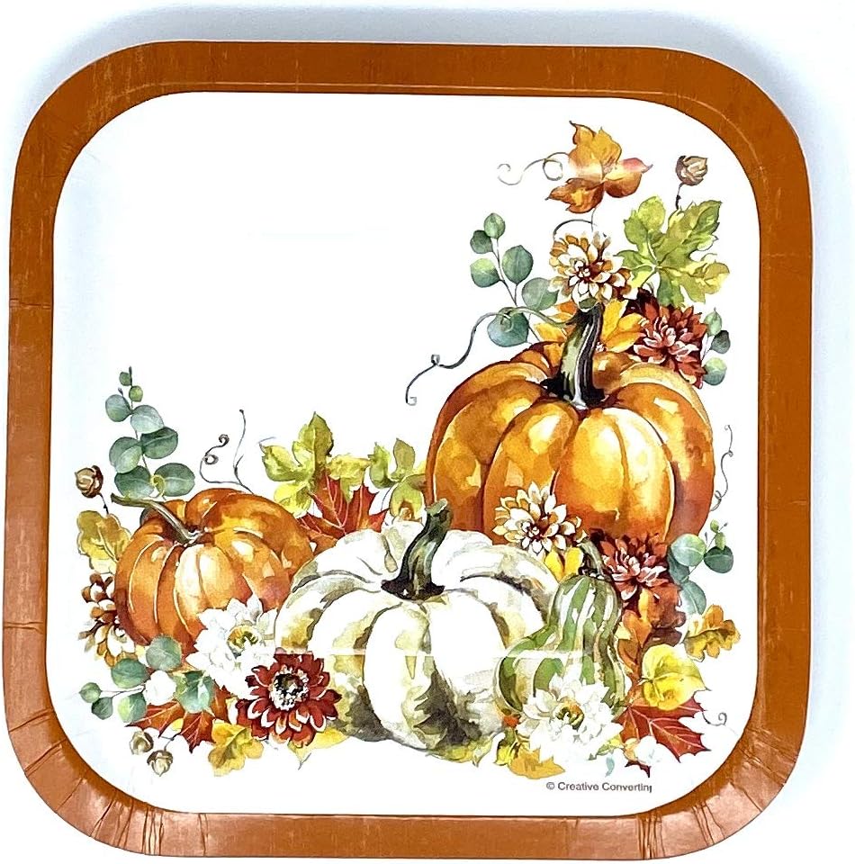 Amazon Com Thankful Fall Harvest Thanksgiving Pumpkin Holiday Luncheon Dinnerware Disposable Paper Party Supplies Luncheon 7 12 Square Everything Else