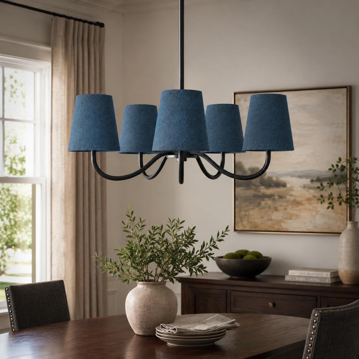 Maxax 31.8" Modern 5-Light Black Chandelier with Blue Fabric Shades, Classic Transitional Pendant Lighting Fixture for Dining Room Living Room Bedroom Foyer, E12 Base