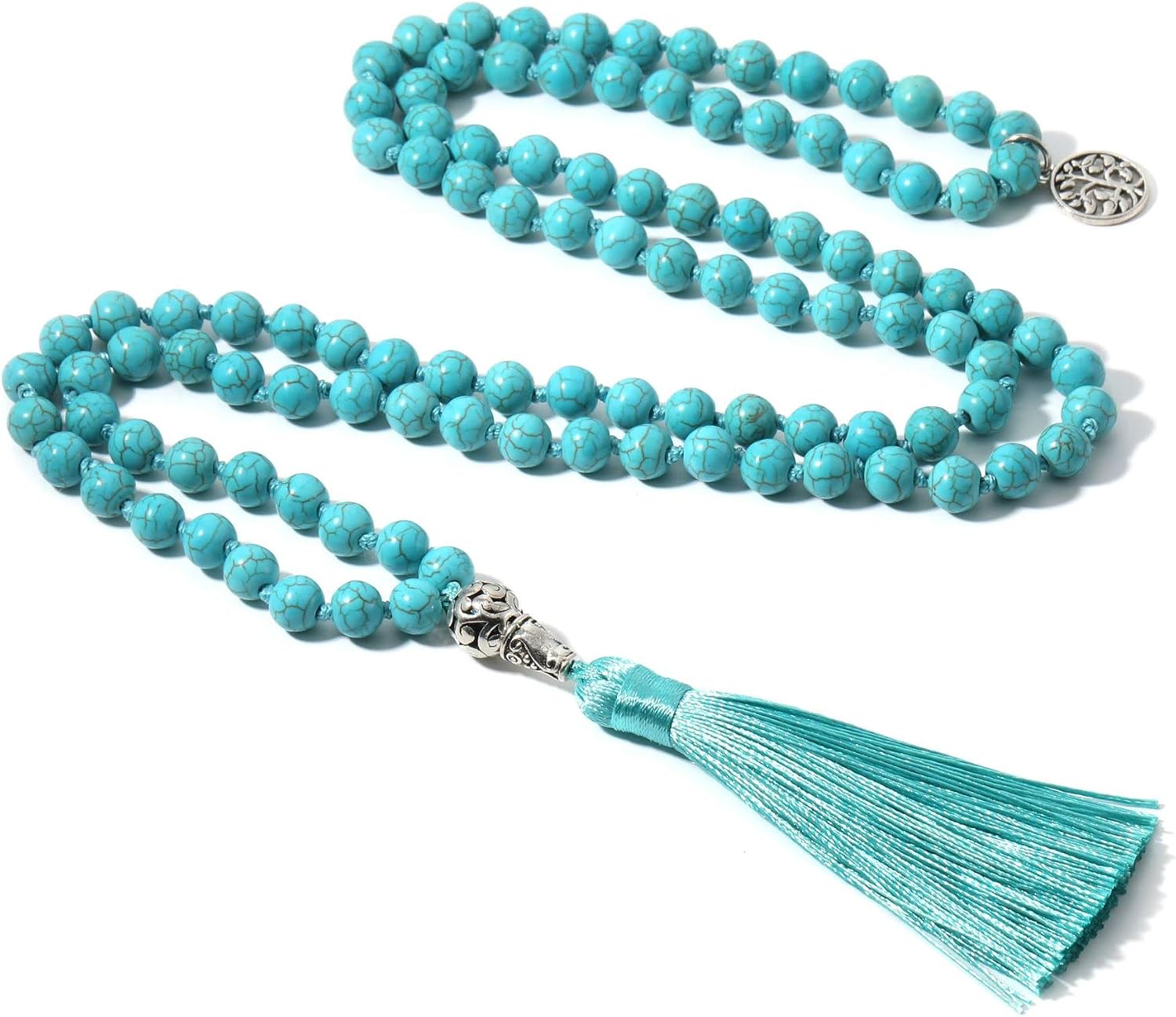 COLORFUL BLING Handmade 8MM Semi-precious Stone Beaded Natural Wood Mala Beads Long Tassel Fringe Pendant Necklace for Women Men Prayer Tibetan Jewelry