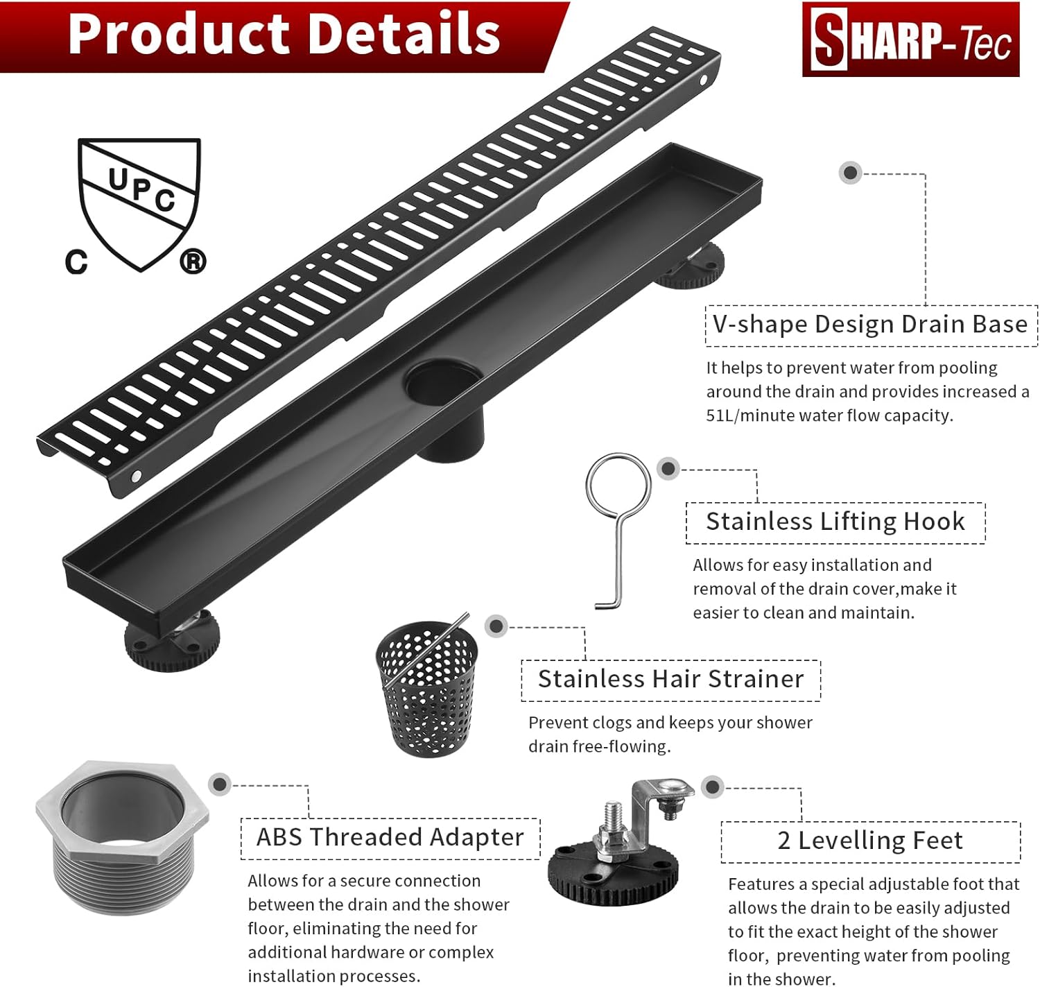 Sharp-tec 24 inch Linear Shower Drain, Black Rectangular Floor Drain, V-Shape Design Drain Channel, 304 Stainless Steel, cUPC Certificated for Bathroom Shower Room (Drain Base is Not Included)