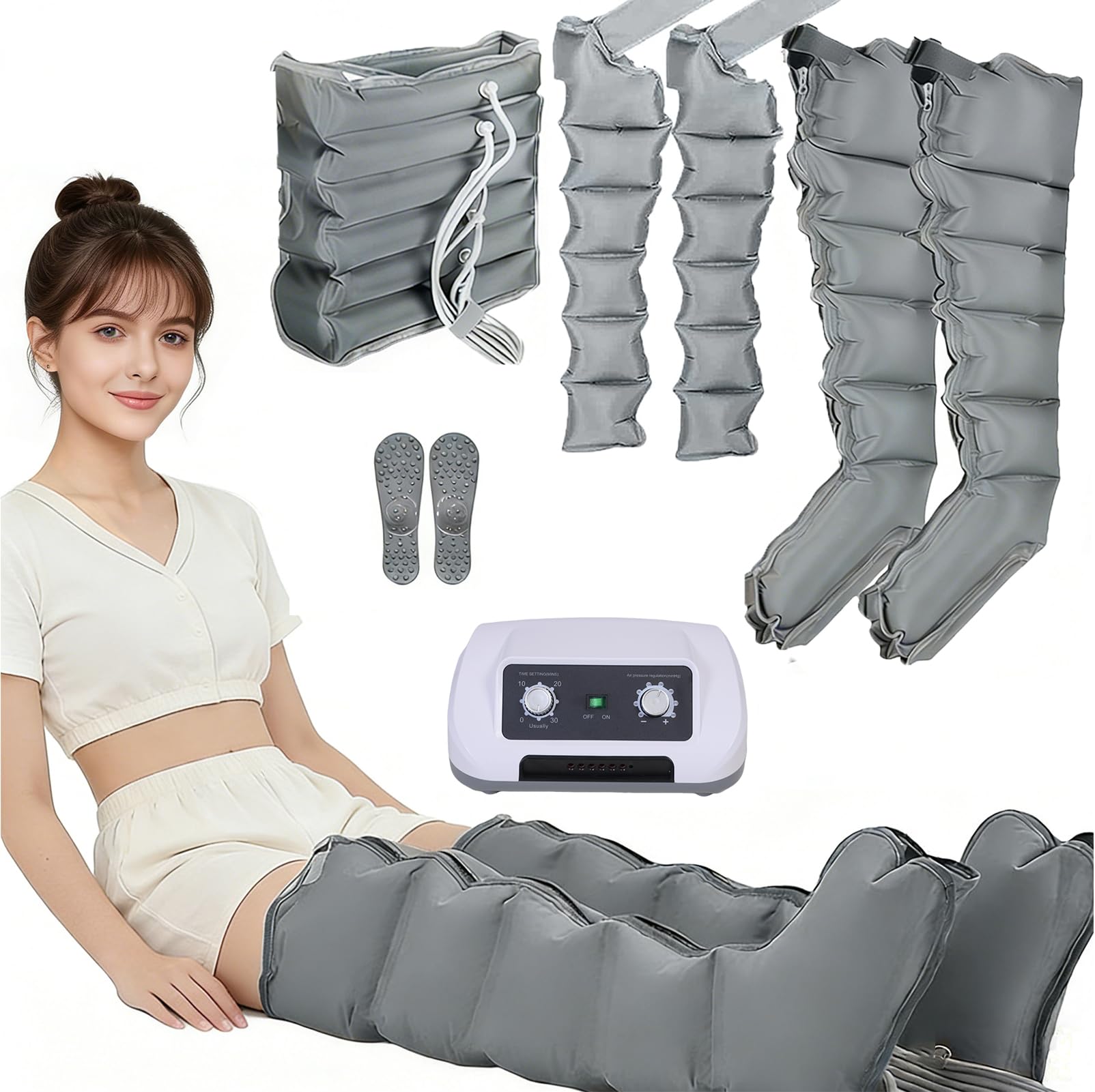 Lymphdrainage Gerät Beine – Lymphdrainage Hose mit Druck einstellbar 0-240 mmHg & Timer 0-30 Min – Lipödem Massagegerät zur Förderung der Durchblutung, Muskelentspannung (Grey 2legs+waist+2arms)