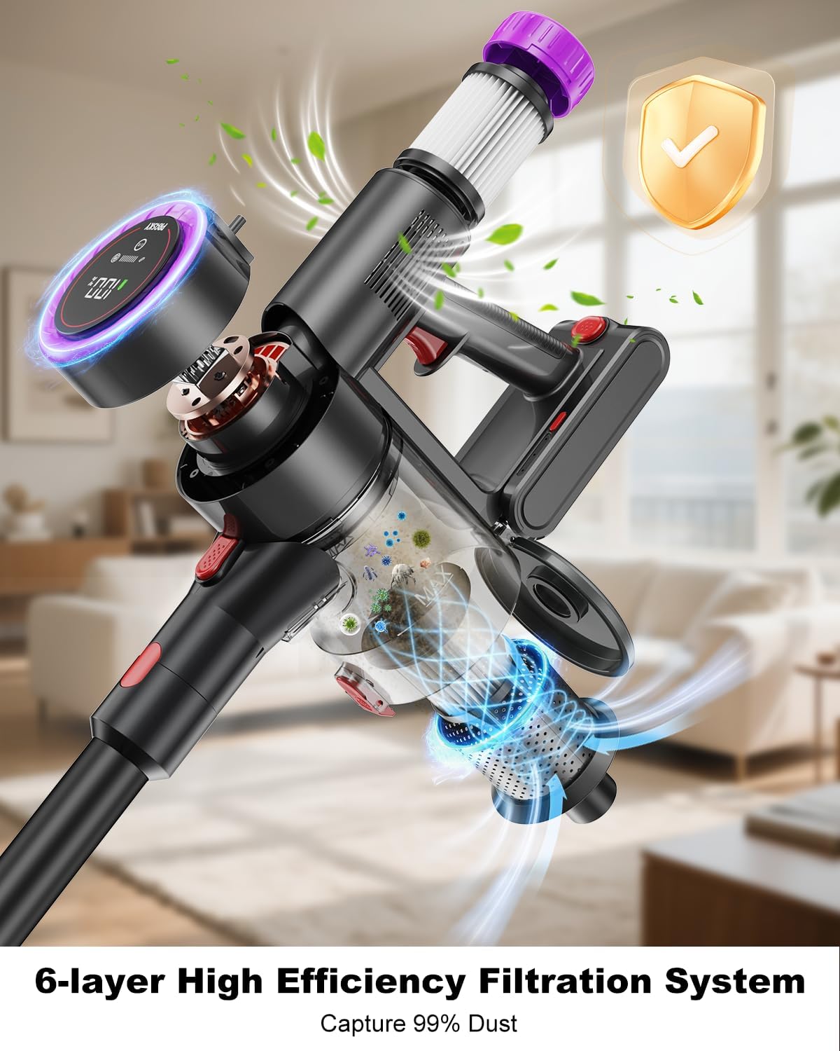 Cordless Vacuum Cleaner, Stick Vacuum Rechargeable, 550W 45KPA Powerful Suction Lightweight Vacuum Cleaners for Home, Anti-Tangle, Self Standing for Pet Hair Hardwood Floor Carpet - Purple