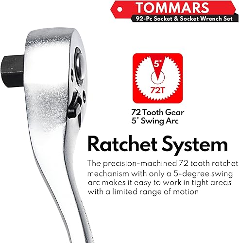 Miniatura 7 de TOMMARS Juego de caja de herramientas mecánicas automotriz, 92 piezas de 14 pulgadas y 38 pulgadas, kit de herramientas manuales SAE Mechanics con
