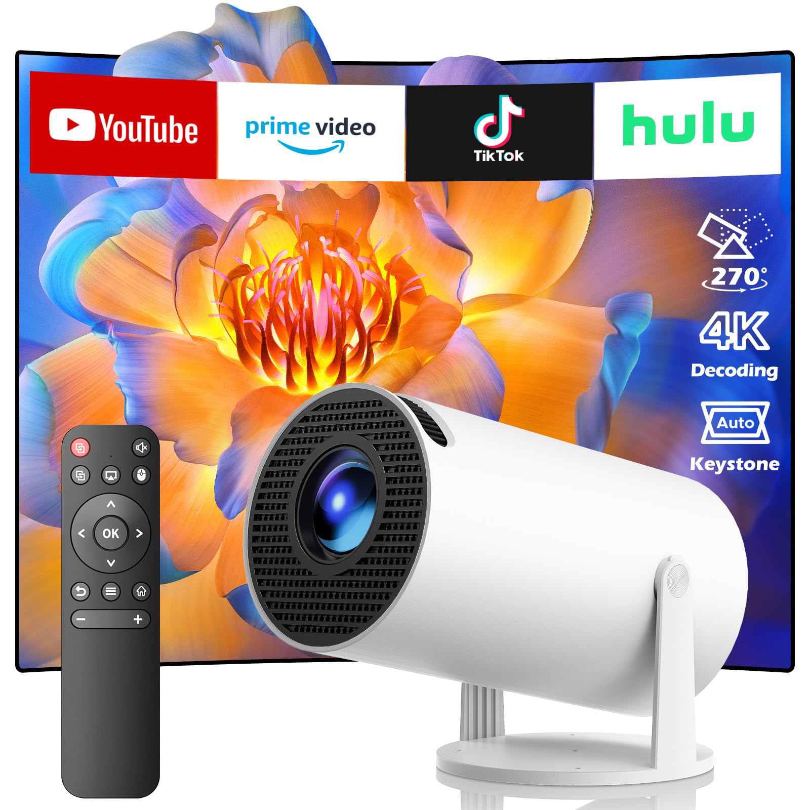 Projector with WiFi and Bluetooth, Mini Projector, 4K Support Android 11.0 Portable Movie Projector, 270° Rotation Automatic Vertical Keystone