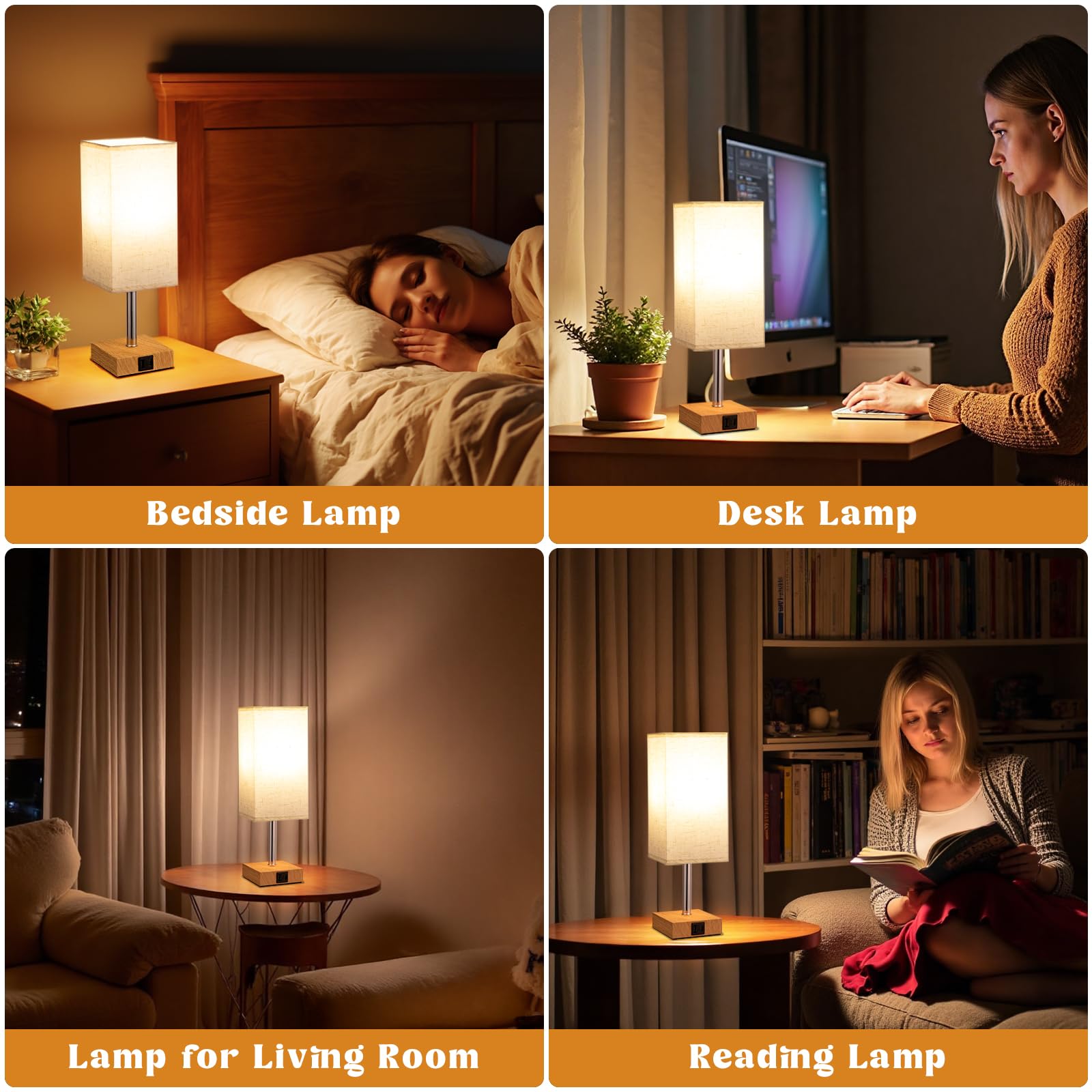 Lampki nocne, Lampy stołowe do salonu, sypialni, Lampy dotykowe Lampki nocne z portami ładowania USB A+C, Ściemnialna lampa do sypialni z abażurem z tkaniny do pokoju dziecięcego, gabinetu, akademika,