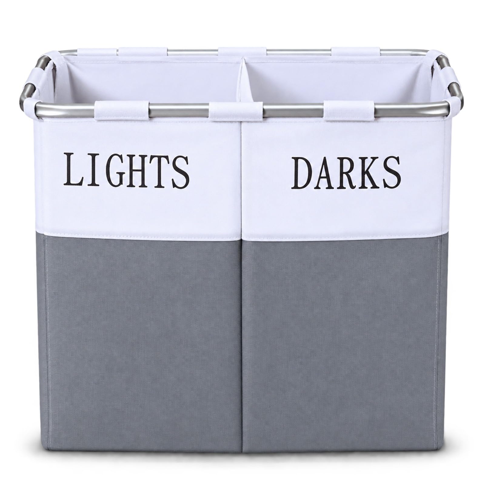 2 Compartment Laundry Basket, Folding Laundry Sorter for Lights & Darks, Large Double Clothes Hamper with Aluminium Frame, (Grey White)