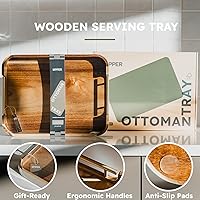 Vista 2 de Upper Acacia Wood Ottoman Tray 17x13 Inches with Handles, Decorative Serving Tray for Coffee Table, Breakfast Tray with Anti-Skid Pads