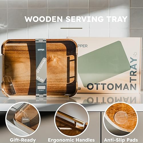 Miniatura 2 de UPPER Bandeja otomana de 17 x 13 pulgadas, bandeja de madera de acacia con asas, bandeja decorativa para servir con asas, bandeja de madera para