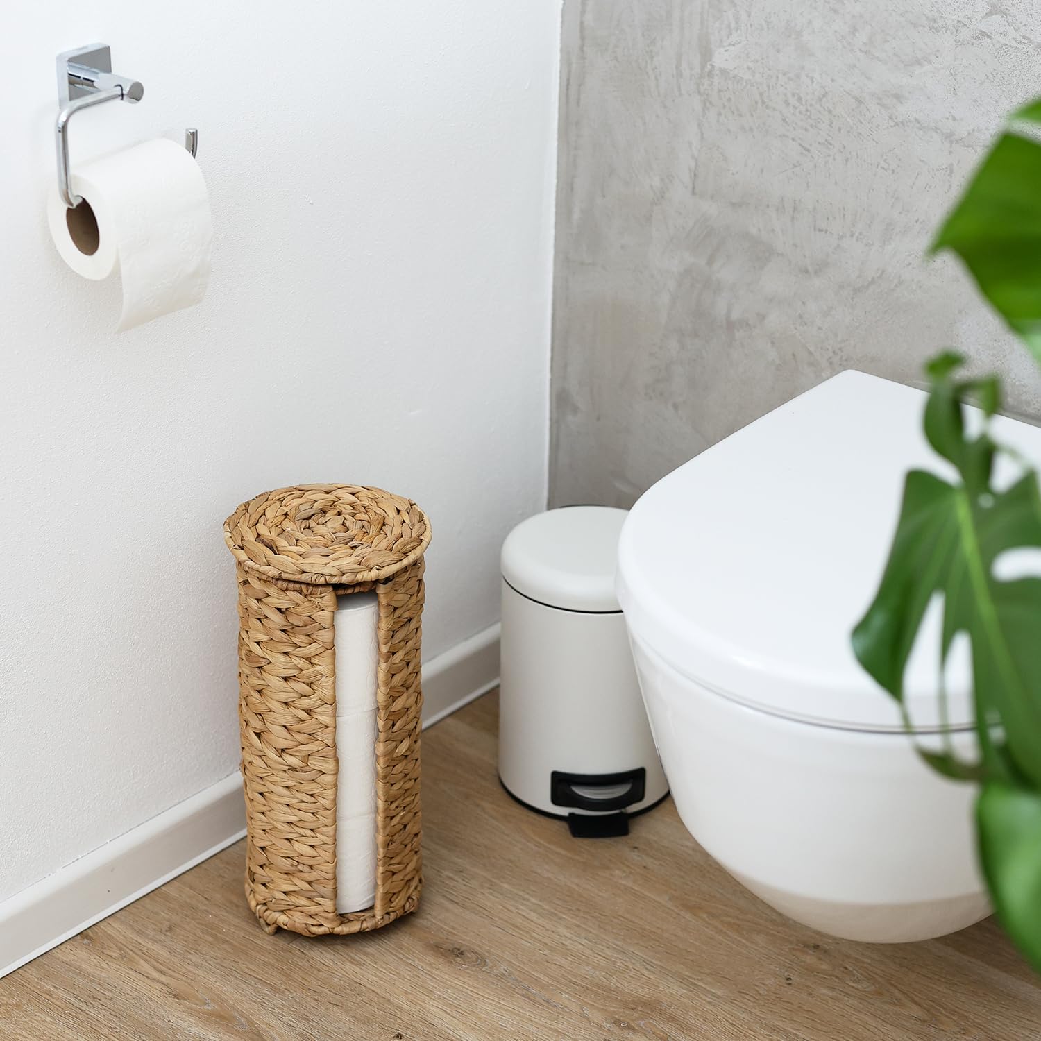 HMF Przechowywanie papieru toaletowego, pleciony ze zrównoważonego hiacyntu wodnego, stojący uchwyt na papier toaletowy, 3 rolki WC, 35,5 x 17 cm