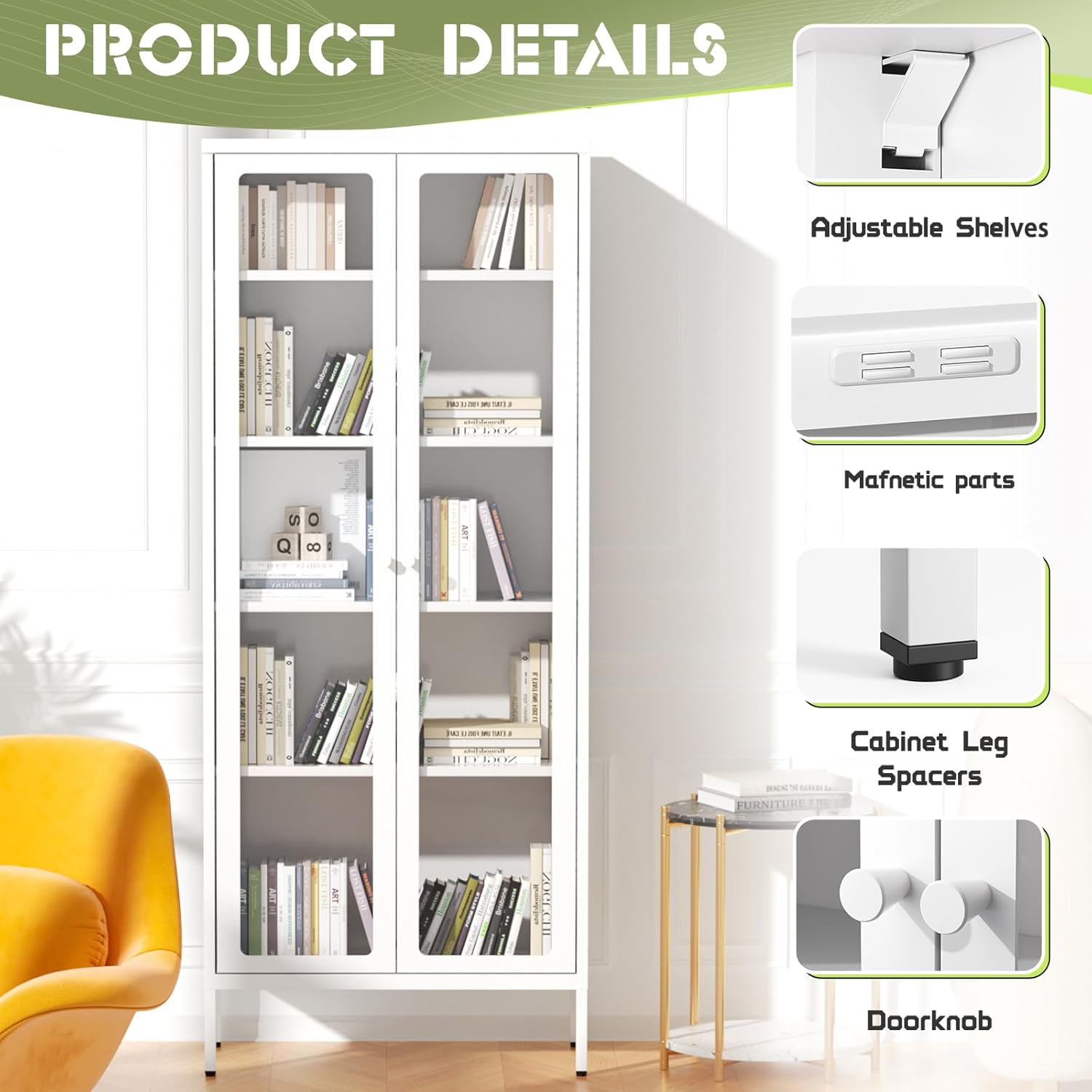 Crownland Metal Storage Cabinet with Glass Doors, Display Curio Glass Cabinet with 4 Adjustable Shelves, Tall Modern Office Storage Cabinets for Home Office, Living Room, Pantry(White)