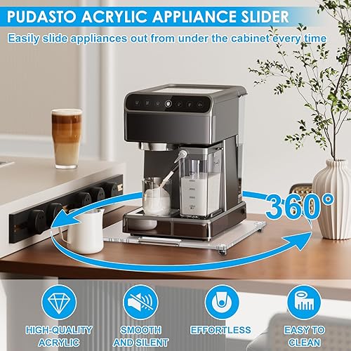 Miniatura 2 de Bandeja deslizante enrollable de 360 para cafetera y electrodomésticos de cocina, deslizadores acrílicos de 14 x 13 pulgadas con ruedas de goma