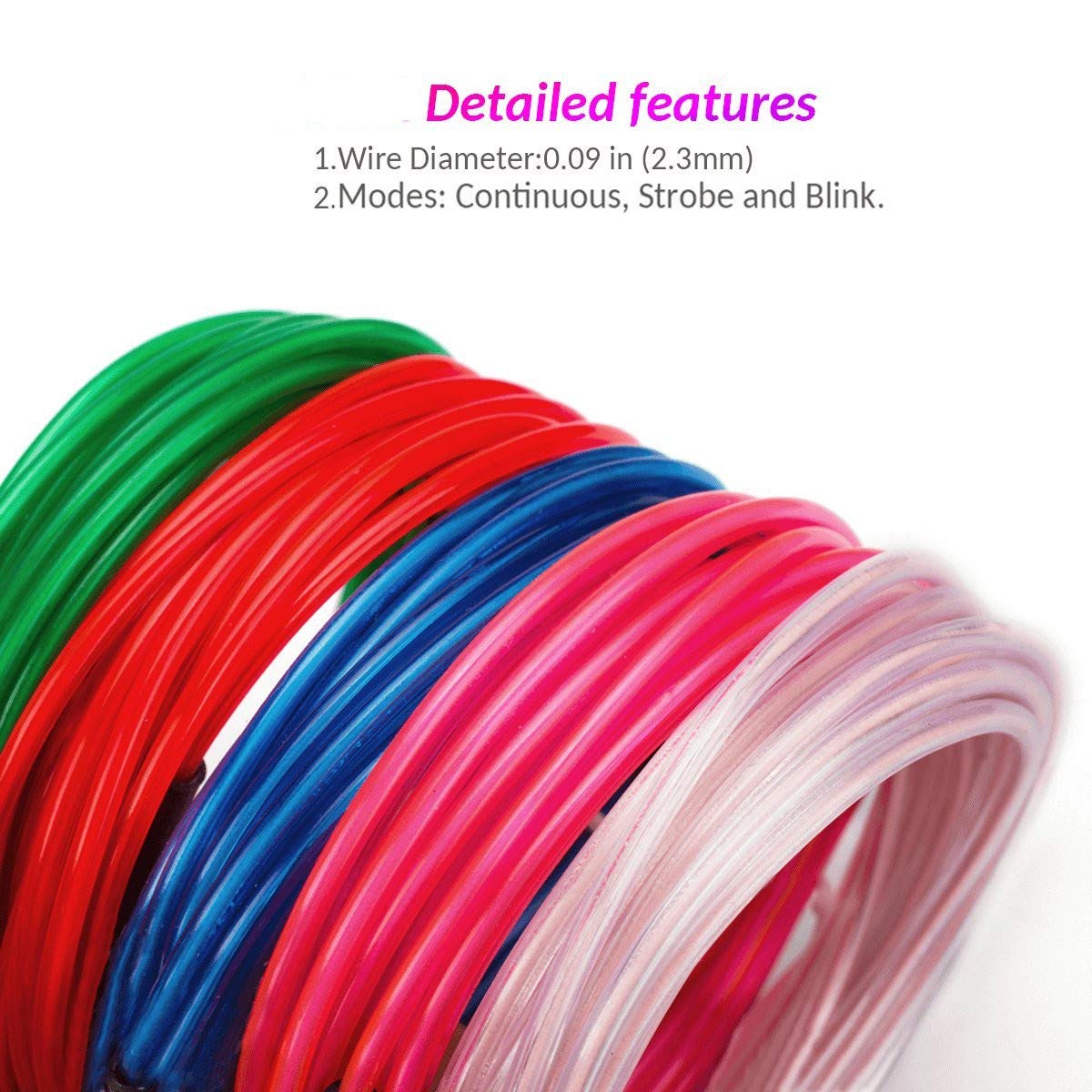 Alambre electroluminiscente (EL Wire) Splitter Kit,2set 5x1M Resplandeciente efecto estroboscópico luz paquete de baterías para fiestas Neon Lights,decoración de Halloween Navidad