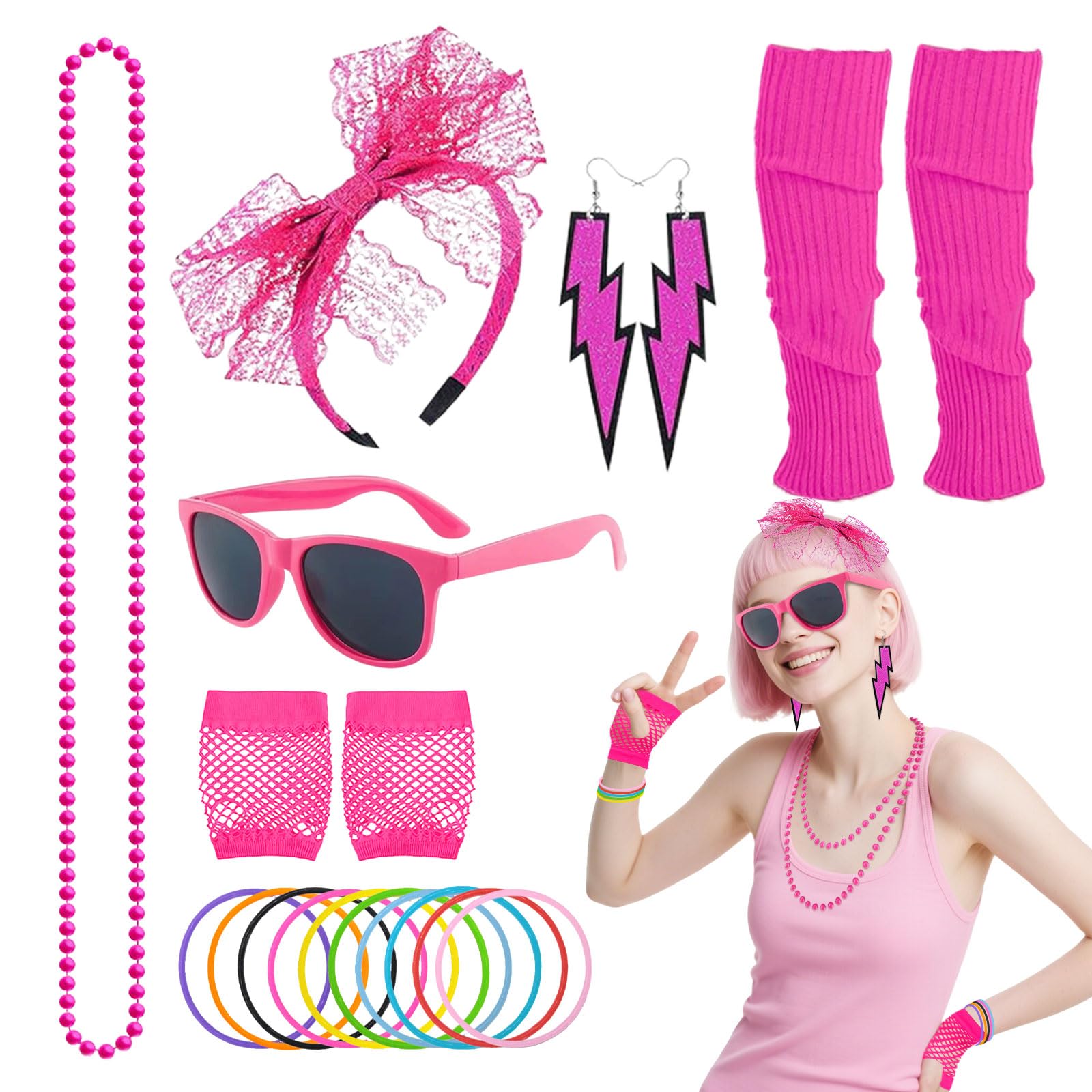 YAUOIPI 19Pcs 80s Fancy Dress for Women Girls, 80s fancy dress accessories 1980s Fancy Party Costume Accessories Set, Headband Earrings Fishnet Gloves Necklace Bracelet Leg Warmers Glasses (Rose Red)