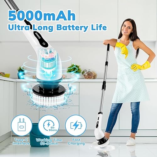 Miniatura 7 de Limpiador eléctrico giratorio, cepillo de limpieza inalámbrico impermeable con 9 cabezales de cepillo reemplazables, potencia de 1.5 horas, doble