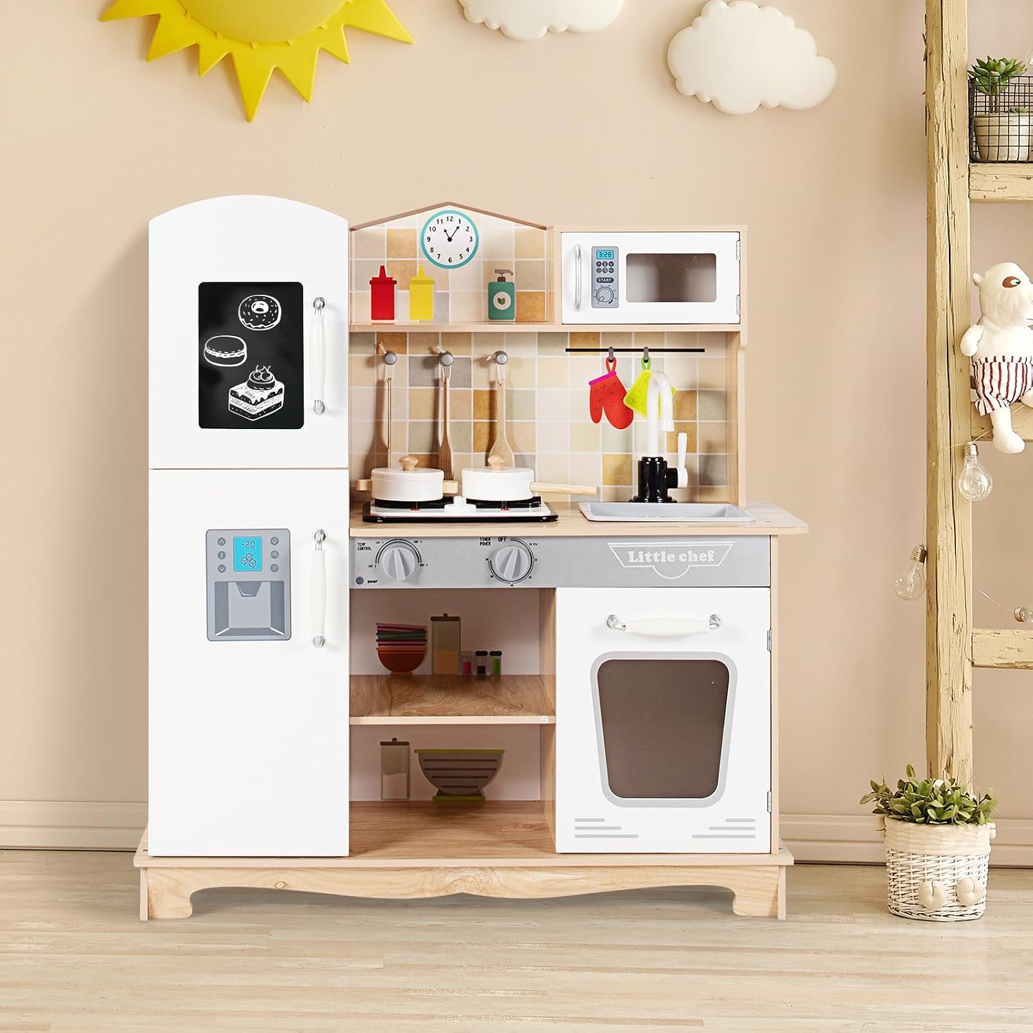 honey joy kids kitchen playset, wooden pretend play kitchen for toddlers, microwave, faucet, stove w/lights, blackboard, storage cabinet, little chef toy kitchen set, gift for boys girls 3+, natural