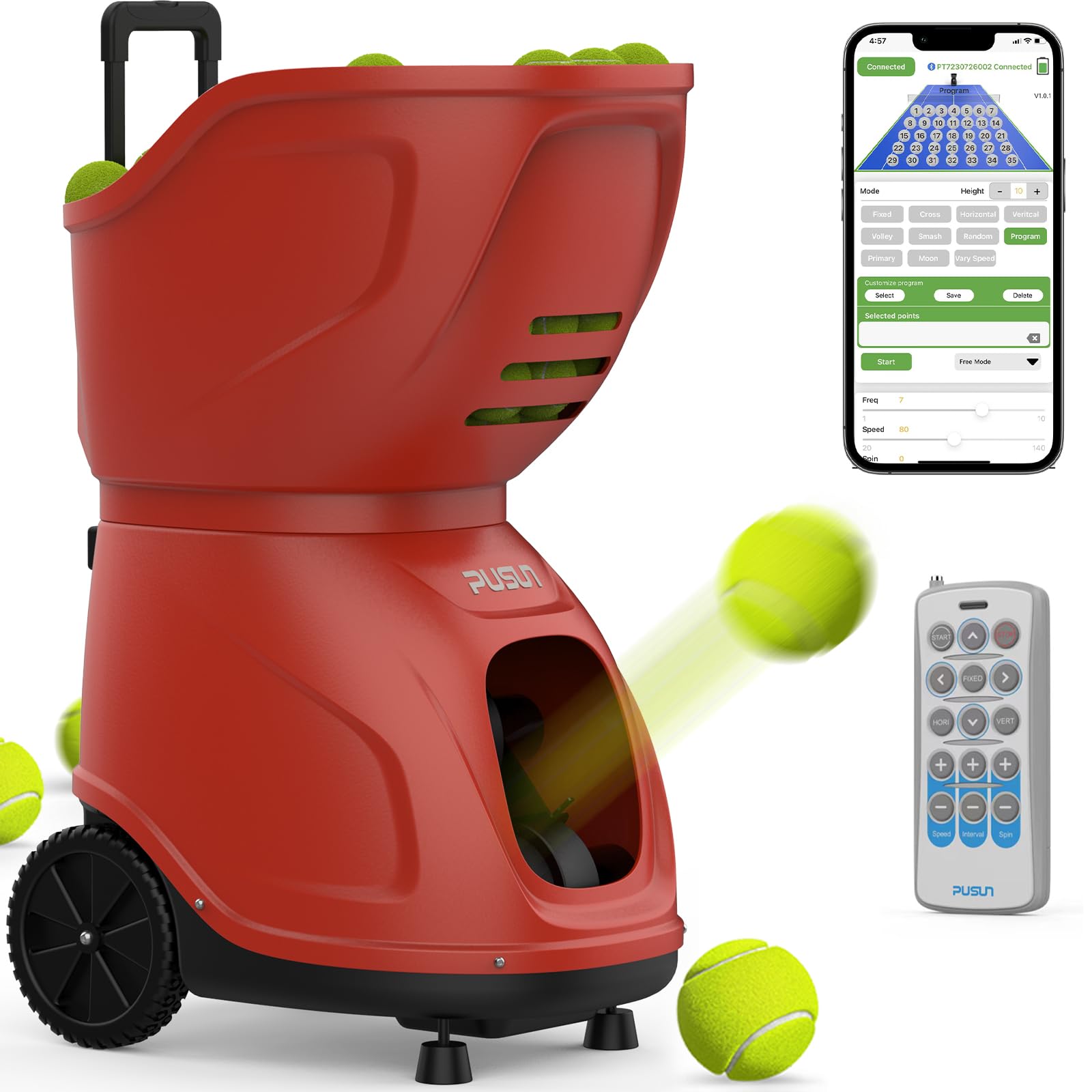 PUSUN PT-9001Pro Tennis Ball Machine - Professional Tennis Server with APP Control, 35 Landing Points & Variable Speed, Portable Auto Ball Launcher