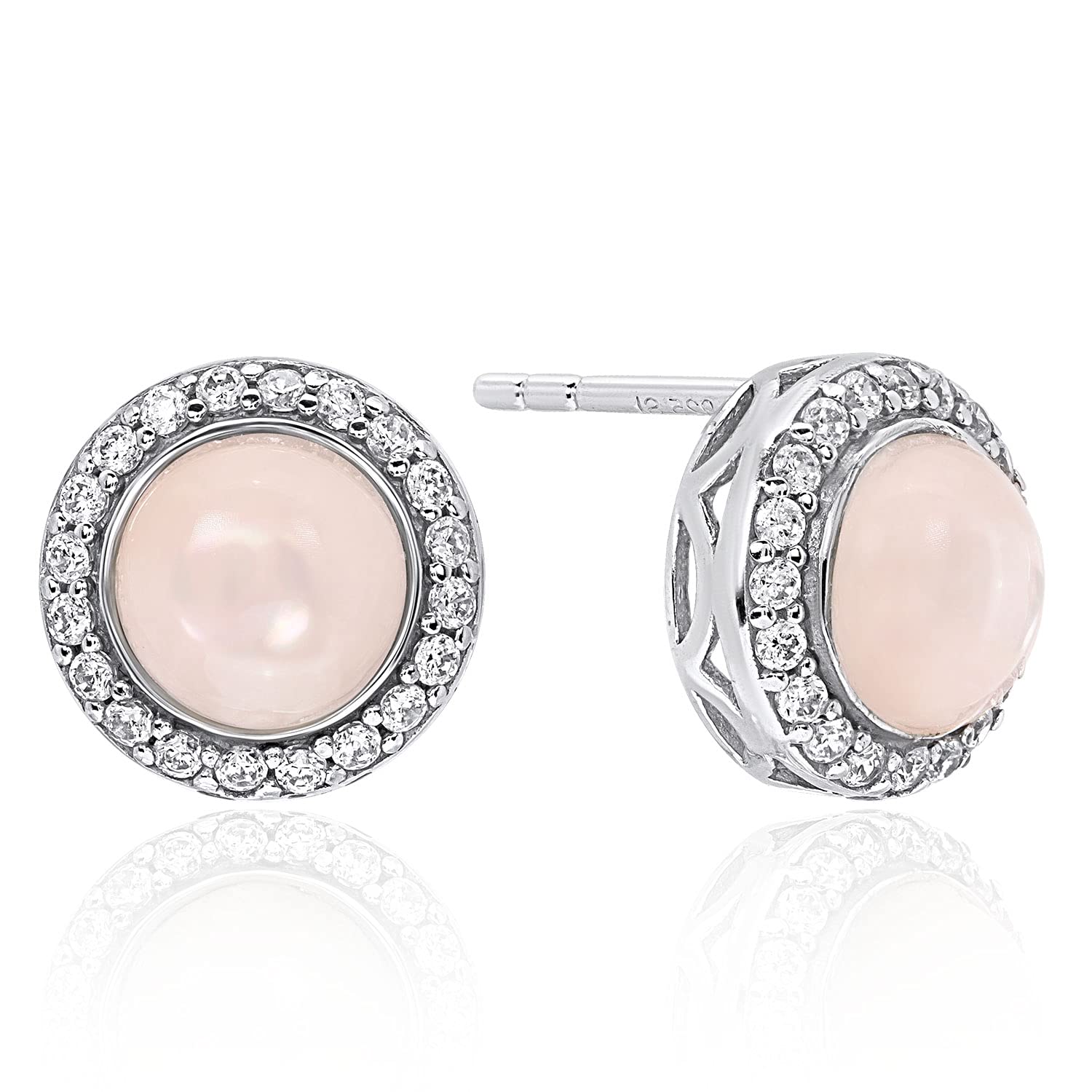 Natural Round Rose Quartz Gemstone Halo Stud Earrings Never Rust 925 Sterling Silver, Natural & Hypoallergenic For Women with Breathtaking Gift Box for a Special Moment of Love