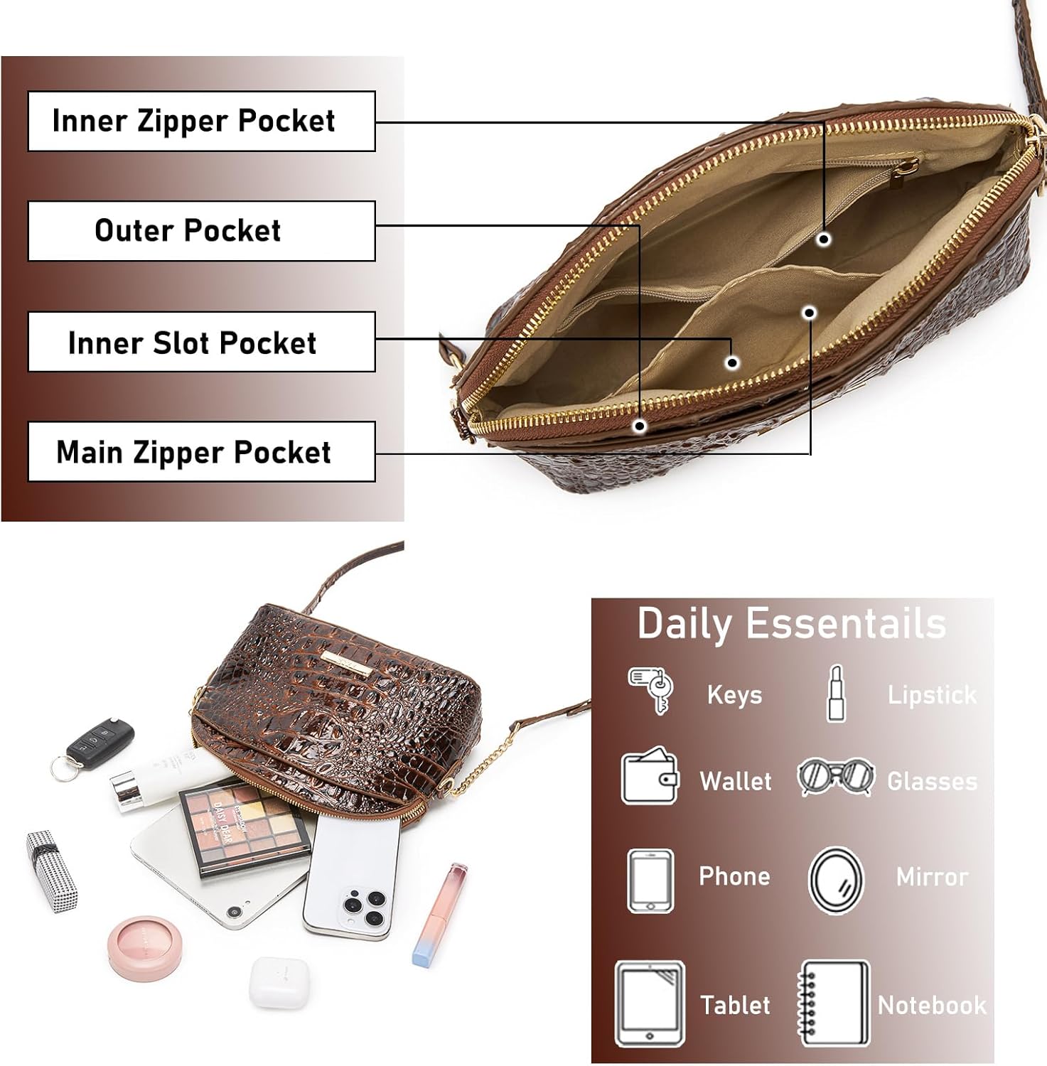Makcr Joacbv Trendy Women Satchel Purse Crocodile Embossed Pattern Crossbody Shoulder Handbag Cute Vegan Leather Clutch