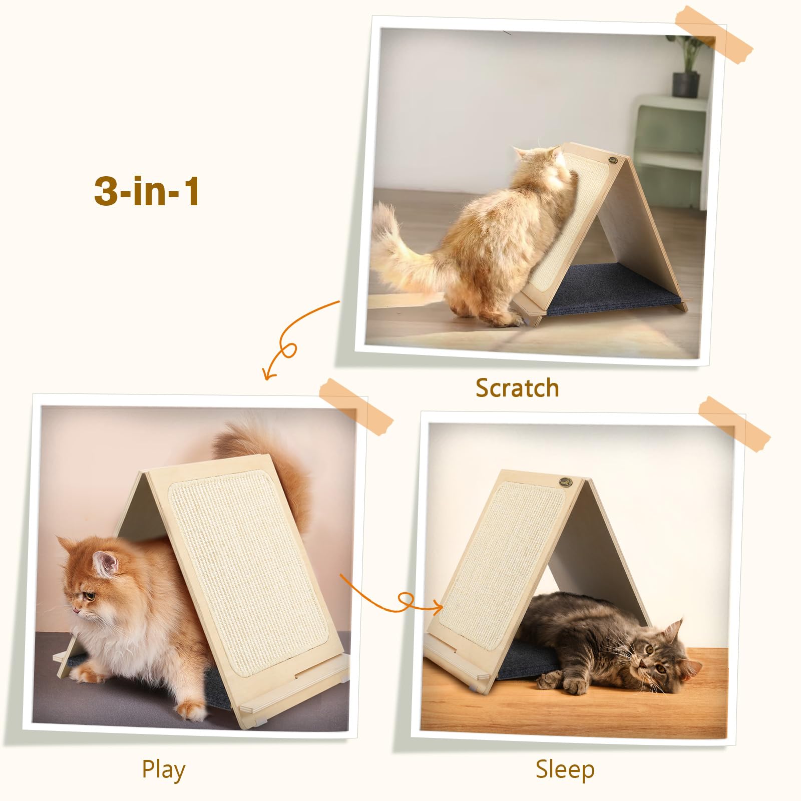 Pecute 3 in 1 Tiragraffi per Gatti, Tiragraffi Triangolare in Sisal, Tiragraffi in Legno Rimovibile, Graffiatoio per Gatti con Telo Tappeto, Lettino Gatto per Giocare e Dormire