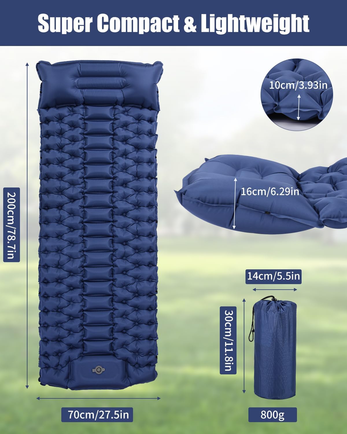 Matelas Camping Gonflable, Matelas Autogonflant avec Oreiller Intégré et Pompe à Pied, Ultraléger Matelas Gonflable 1 Place, Portable Matelas pour Camping, Randonnée, Aventure, Trekking, Bleu