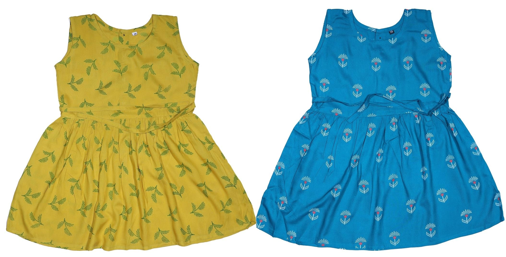 GenericVK Sales Sleeveless Round Neck Printed Yellow & Blue Umbrella Frock Dress for Kids Girls Combo of 2