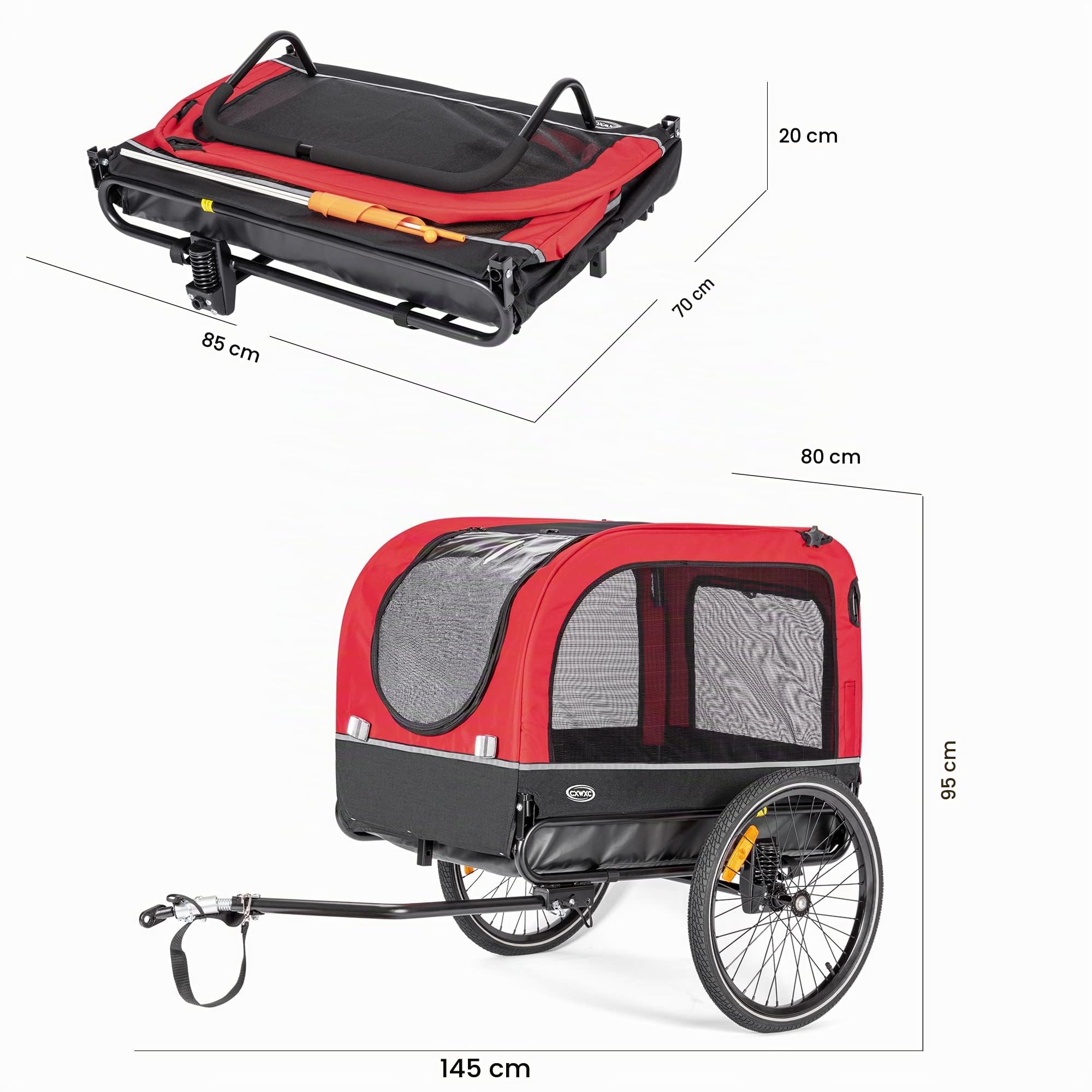 CXWXC Rimorchio della bicicletta per cani 2 in 1 Rimorchio della bicicletta per carrello del cane da jogger con ammortizzatore, rimorchio del cane Capacità massima di carico 40KG/88LBS (Rosso)