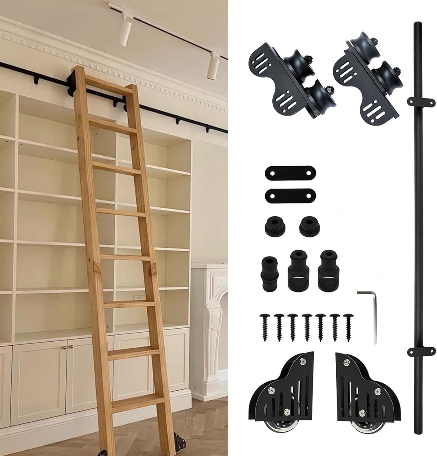Retractable Rolling Sliding Ladder Hardware Kit, 3.3FT-24FT Black Round Tube Quite Guide Slide Rails Kit (No Ladders) Multi-use for Library/Loft Stairs/Bookshelf/Warehouse(13ft/400