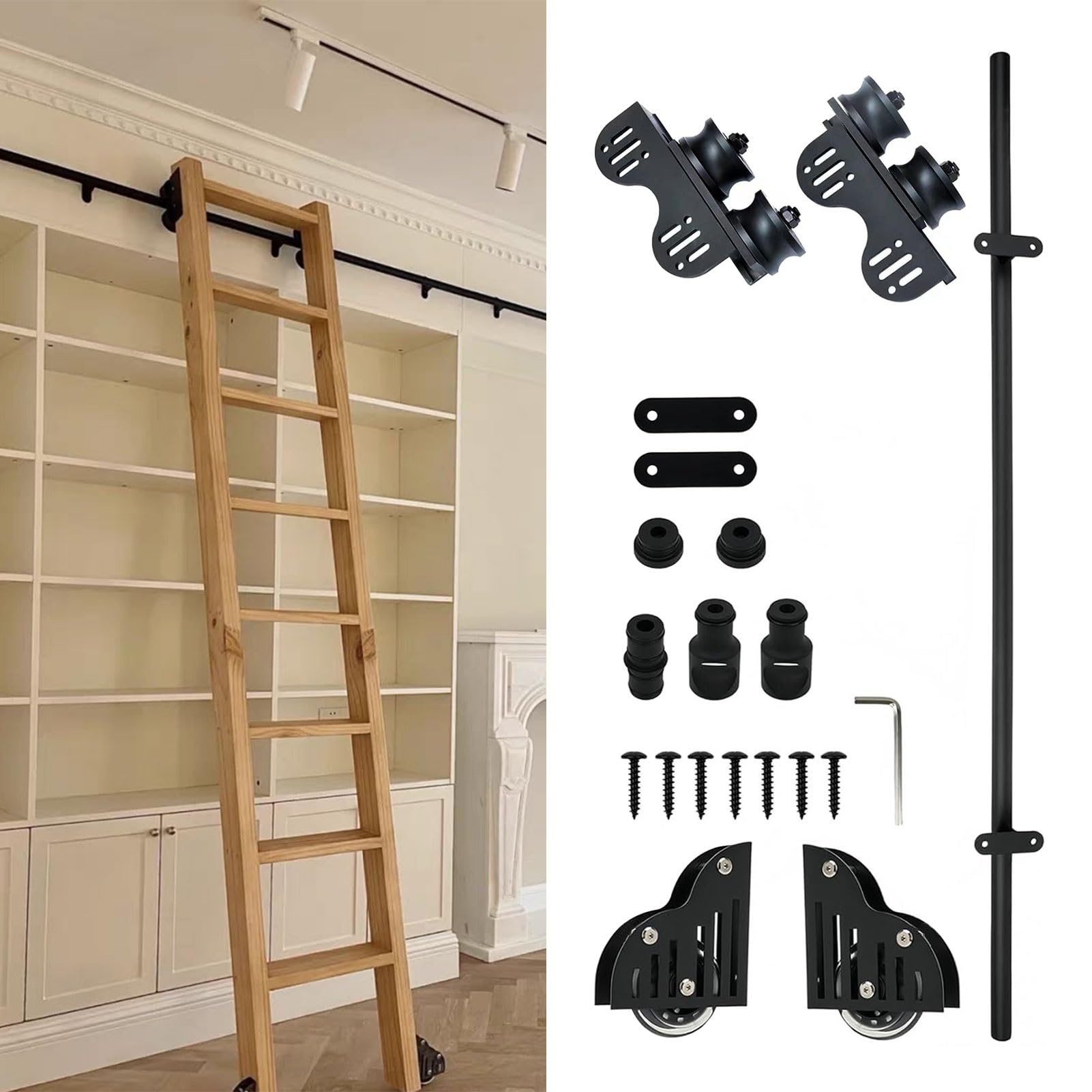 Kit quincaillerie pour échelle coulissante noire avec rails ronds de 1m à 7,3m pour bibliothèque