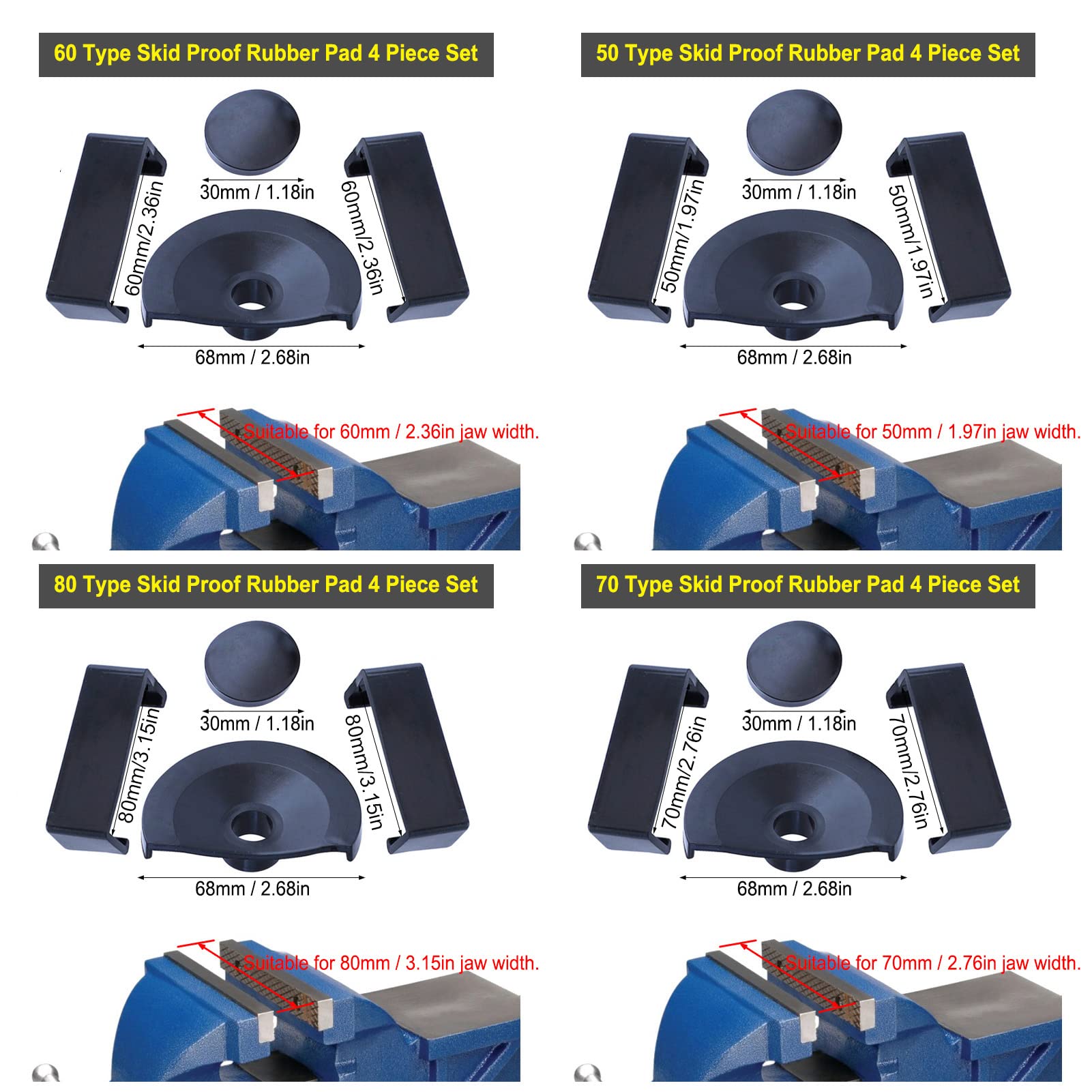 Respicefinem 4 Sets Vise Pad Soft Rubber Protector Cover Skid Proof Accessory Tool Kit for Small Vice