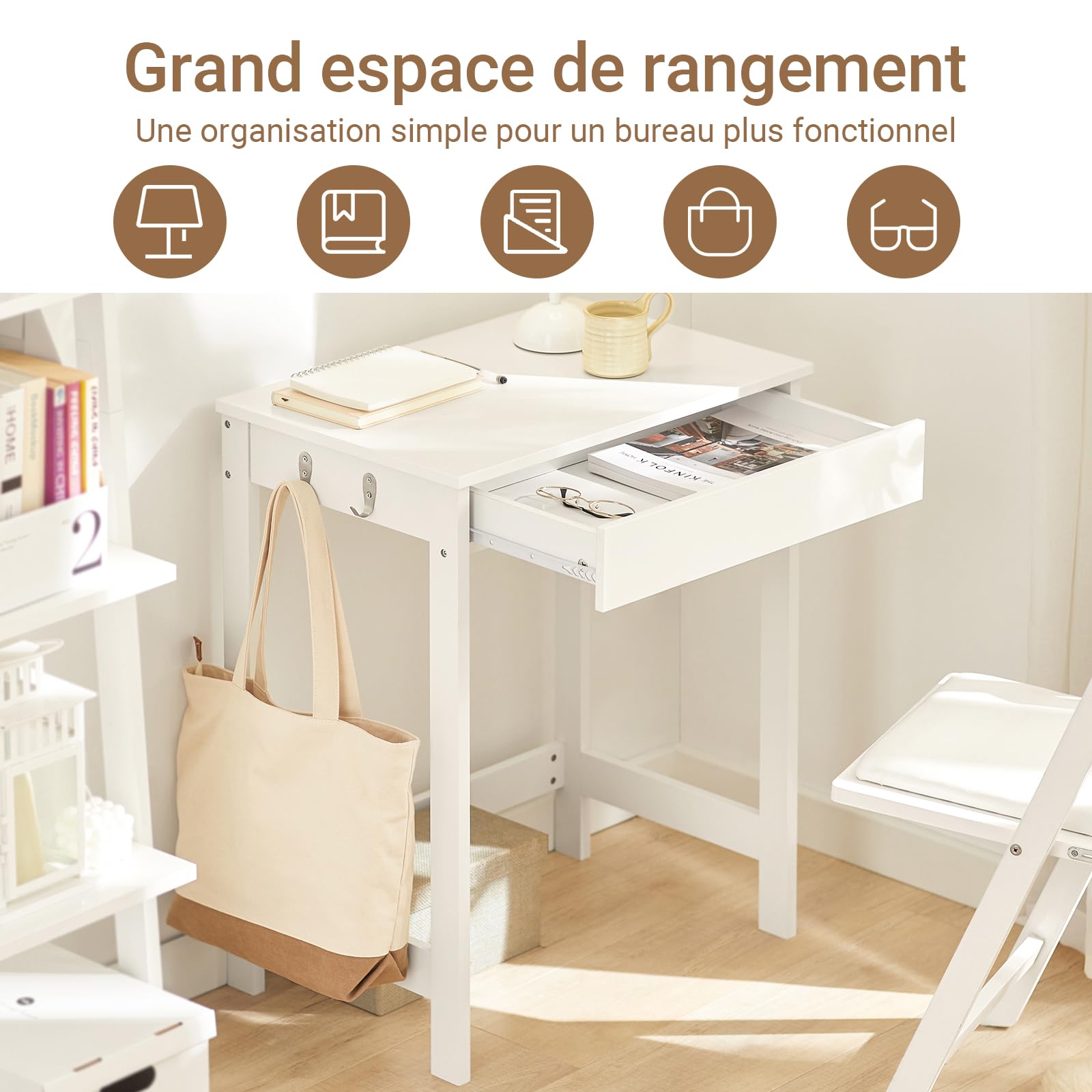 SoBuy Bureau Gaming avec Tiroir et Crochets 60x40x77cm Blanc FWT43-W