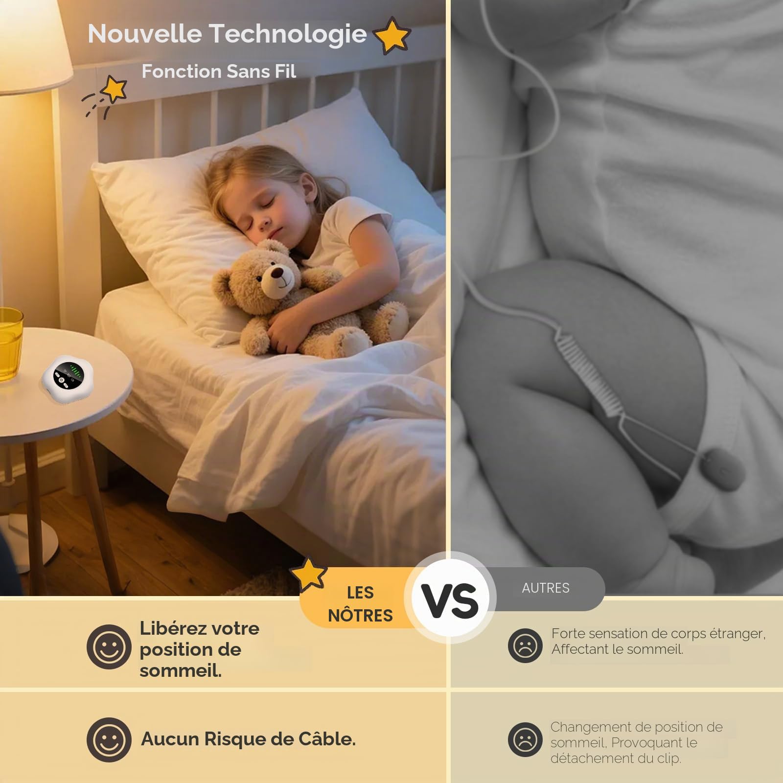 Alarme d'énurésie sans Fil, Rechargeable par USB, Apprentissage de la propreté avec Son et Vibrations pour Enfants et Adultes, livré avec capteur d'humidité d'énurésie Nocturne