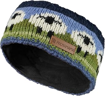 Pachamama Women Wool Ear Warmer Headband Fleece Lined Handknitted Cute Sheep Multicoloured One-Size Handmade Fair Trade