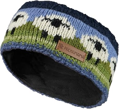 Pachamama Women Wool Ear Warmer Headband Fleece Lined Handknitted Cute Sheep Multicoloured One-Size Handmade Fair Trade