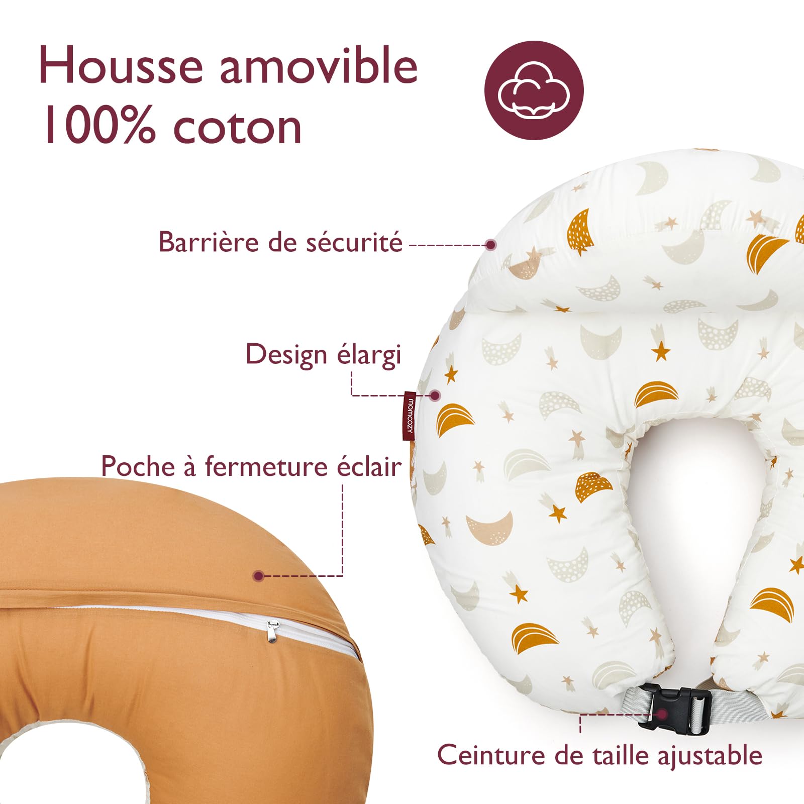 momcozy Coussin d’Allaitement Grande Taille avec Bord de sécurité – Coussin Ergonomique pour Allaitement et positionnement avec Sangle réglable et Housse en Coton Amovible, Pluie de météores