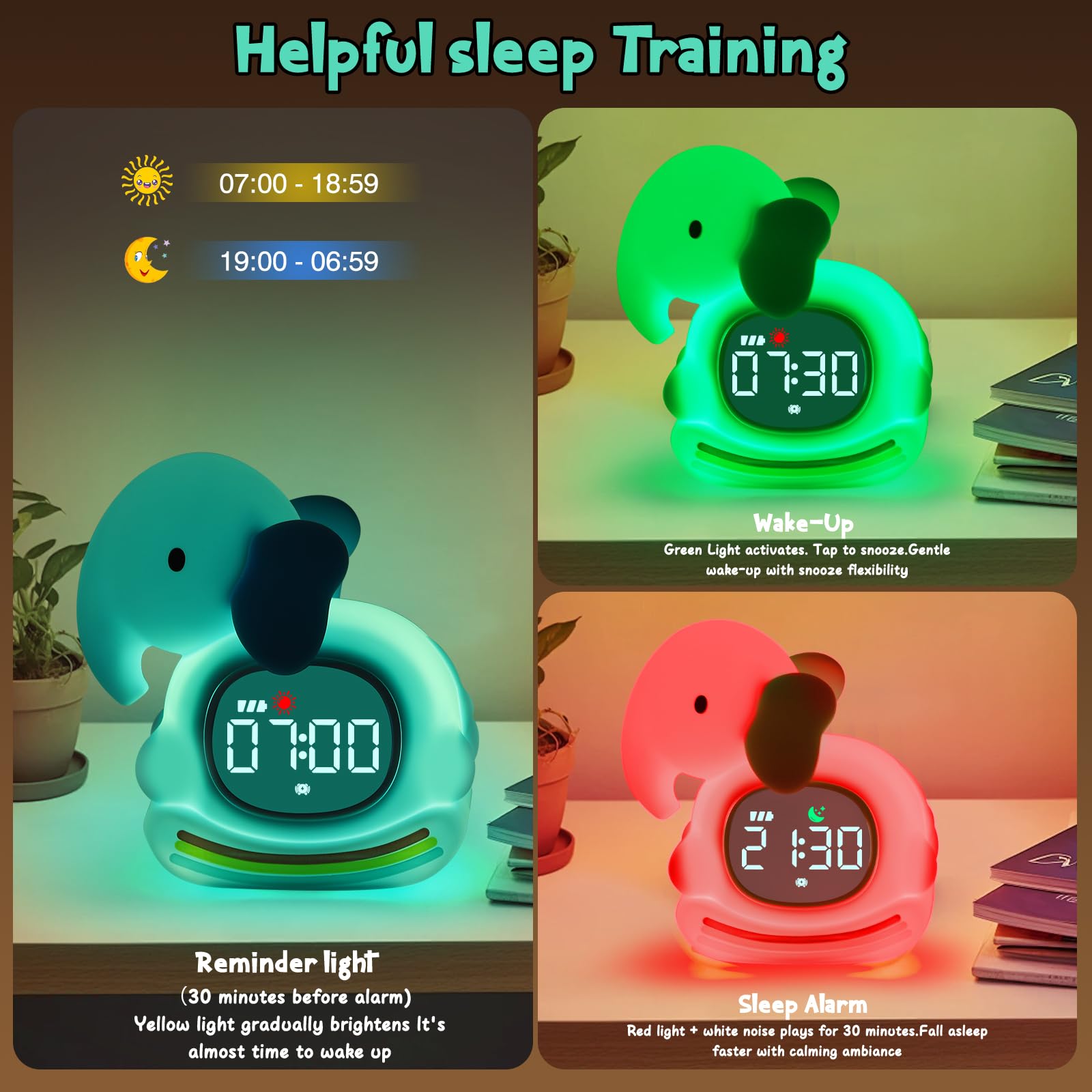 Réveil éléphant avec veilleuse pour enfants, réveil d'entraînement au sommeil pour tout-petits filles et garçons, horloge pour chambre à coucher, réveil pour enfants, rechargeable, RVB, idée cadeau