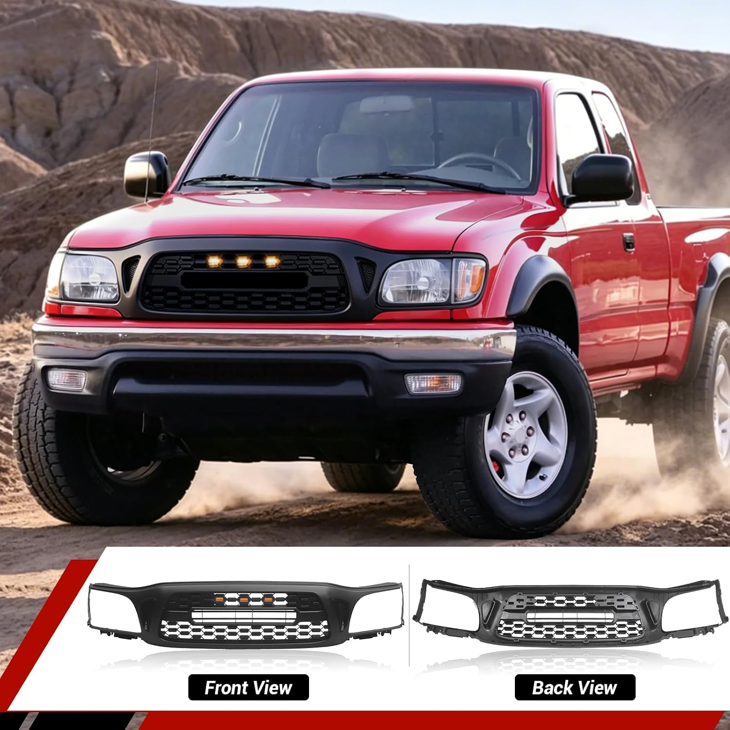 Front Grill Compatible with 2001-2004 Tacoma TRD Style Front Grill Replacement ABS Bumper Grille with Letters and LED Lights