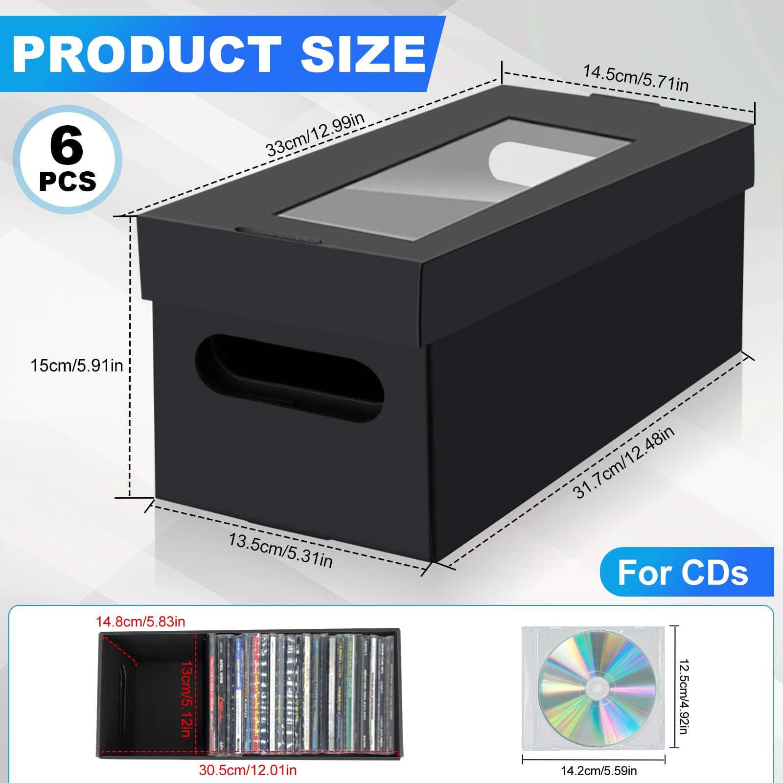 6 Pack CD Storage Boxes with PVC Clear Lid, Portable Cardbord CD Storage 13"×6"×6" DVD Case Holder Stackable DVD Storage Box Each Hold Up to 30 DVDs in Full Jewel Cases for DVDs, CDs - 3
