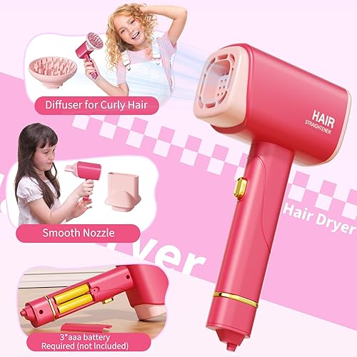 Miniatura 4 de Kit de peluquería de princesa para peluquería, juego de juguetes de maquillaje para niños pequeños. Incluye secador de pelo, rizador, espejo.