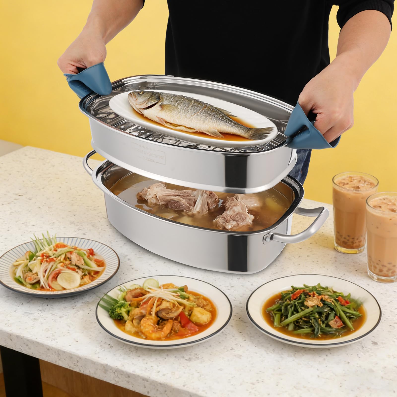 Dampfkochtopf aus 304 Edelstahl, 2-stöckig 6L Dampfgarer mit Dampfgitter & Dampfkorb, inkl. Zange Schutzhandschuhe Timer, kompatibel mit Gas Elektro Induktion, für Fisch Gemüse Suppen Nudeln