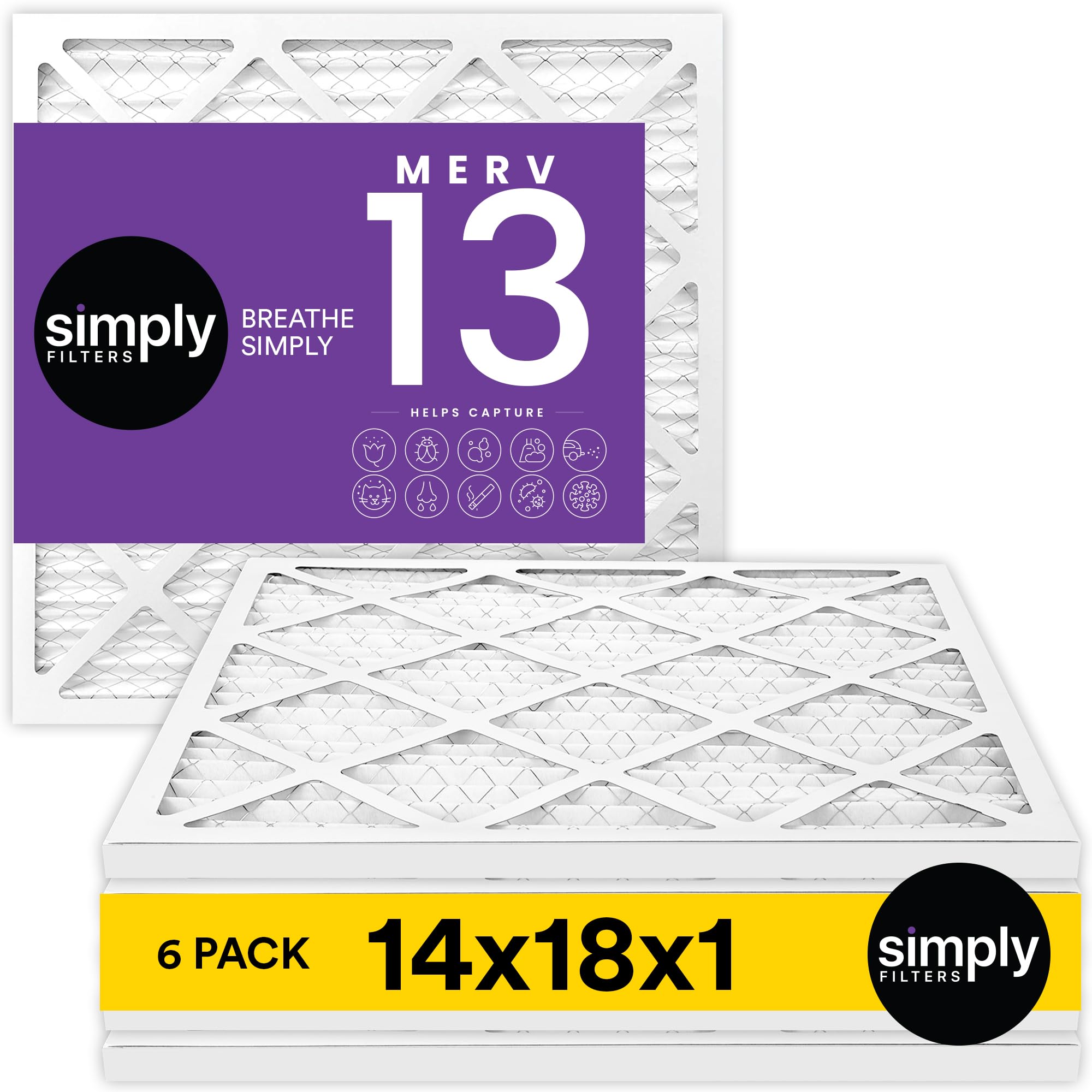 Simply Filters 14x18x1 MERV 13, MPR 1500 Air Filter (6 Pack) - Actual Size: 13.75"x17.75"x0.75" HVAC, AC Furnace Filter